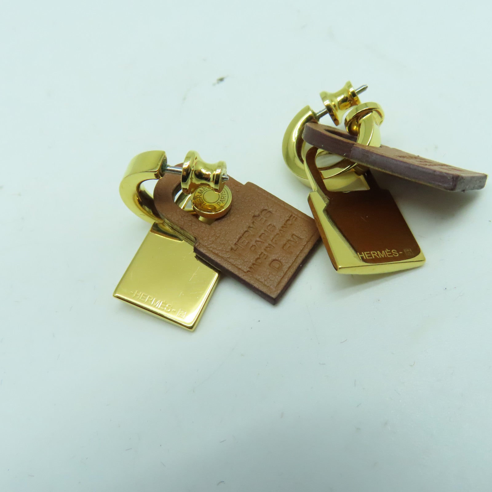 HERMES Swift皮革/金屬O'Kelly Earrings耳環金色/啡色