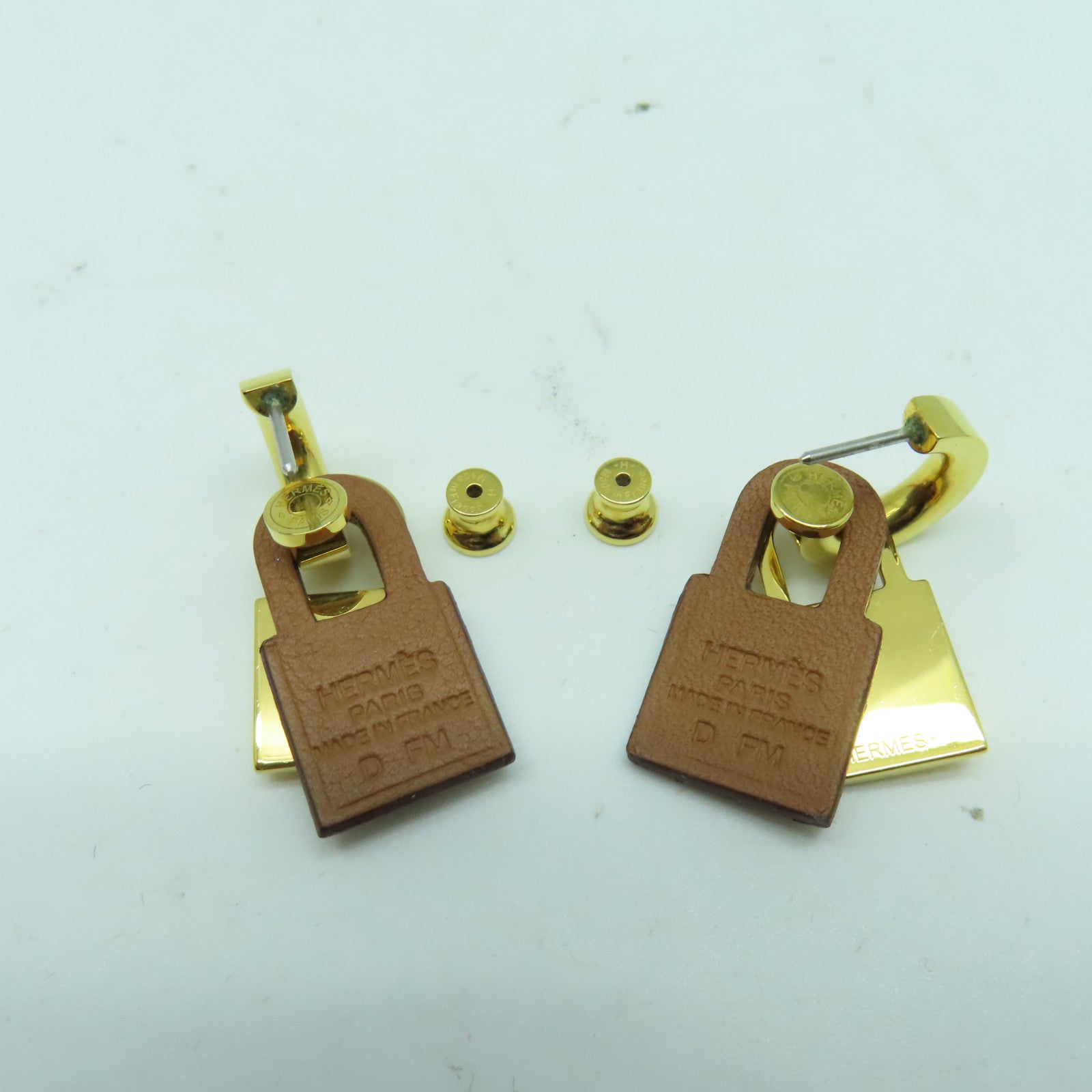 HERMES Swift皮革/金屬O'Kelly Earrings耳環金色/啡色