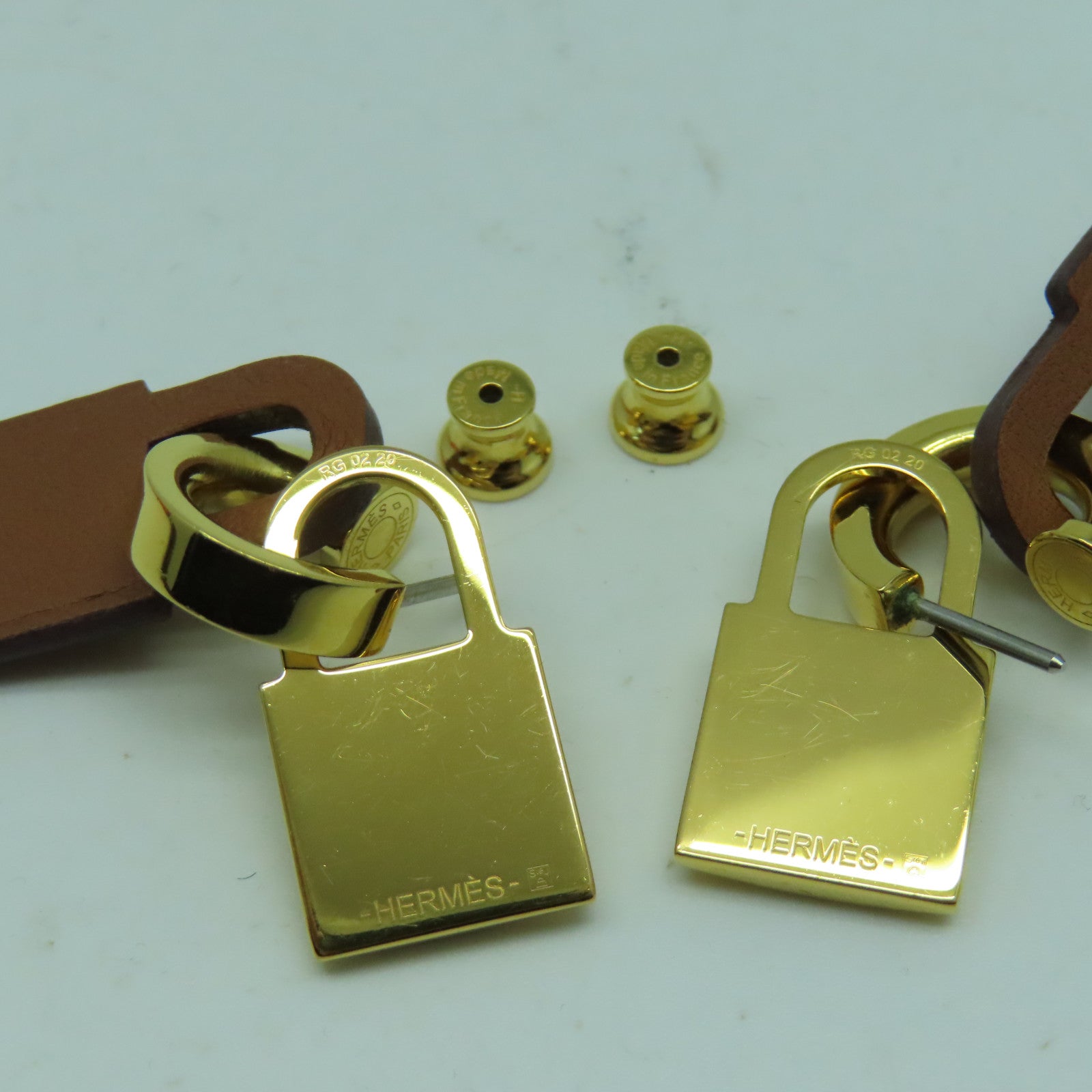 HERMES Swift皮革/金屬O'Kelly Earrings耳環金色/啡色