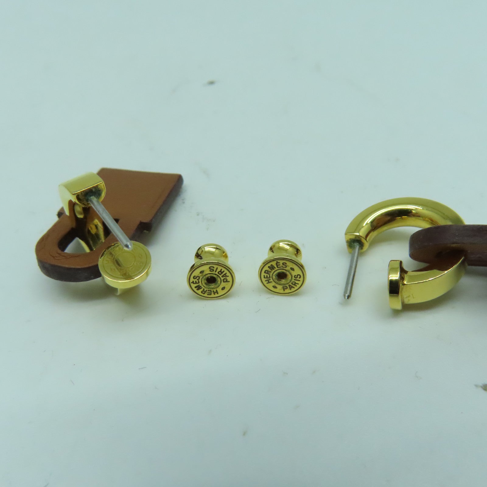 HERMES Swift皮革/金屬O'Kelly Earrings耳環金色/啡色