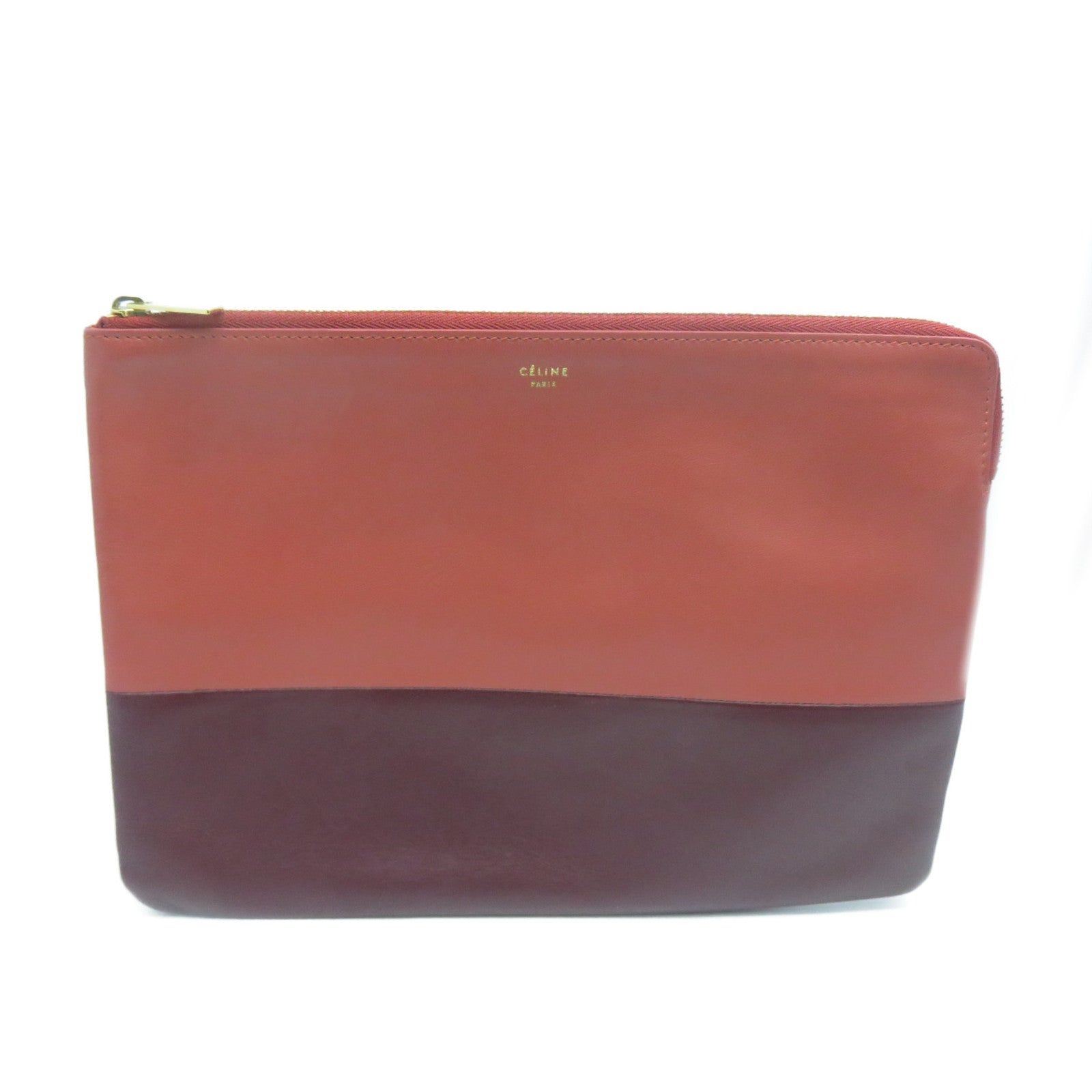 CELINE 牛皮皮革Clutch金扣手拿包紅色/啡色