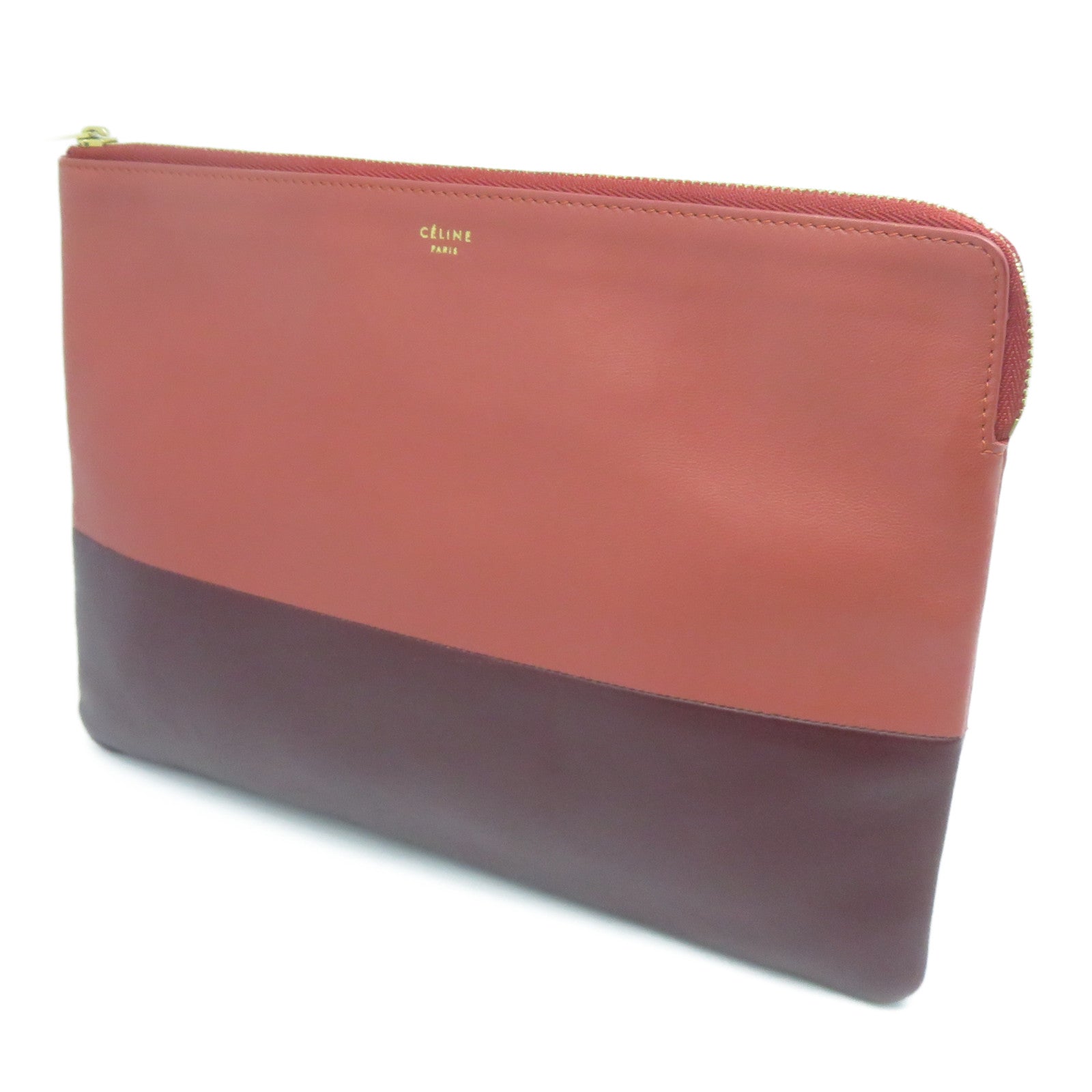 CELINE 牛皮皮革Clutch金扣手拿包紅色/啡色