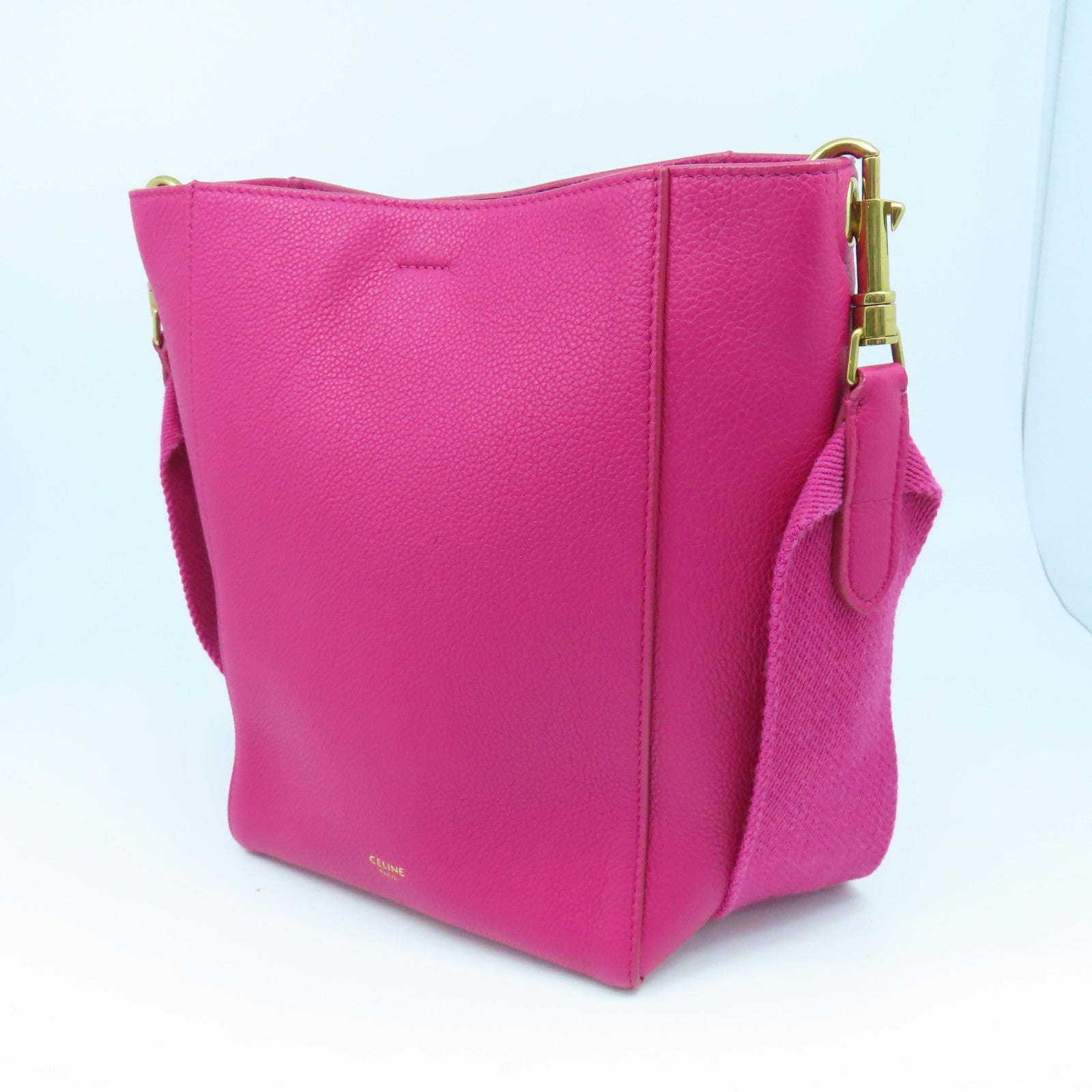 CELINE 牛皮皮革Sangle Bucket Small金扣肩背袋粉紅色