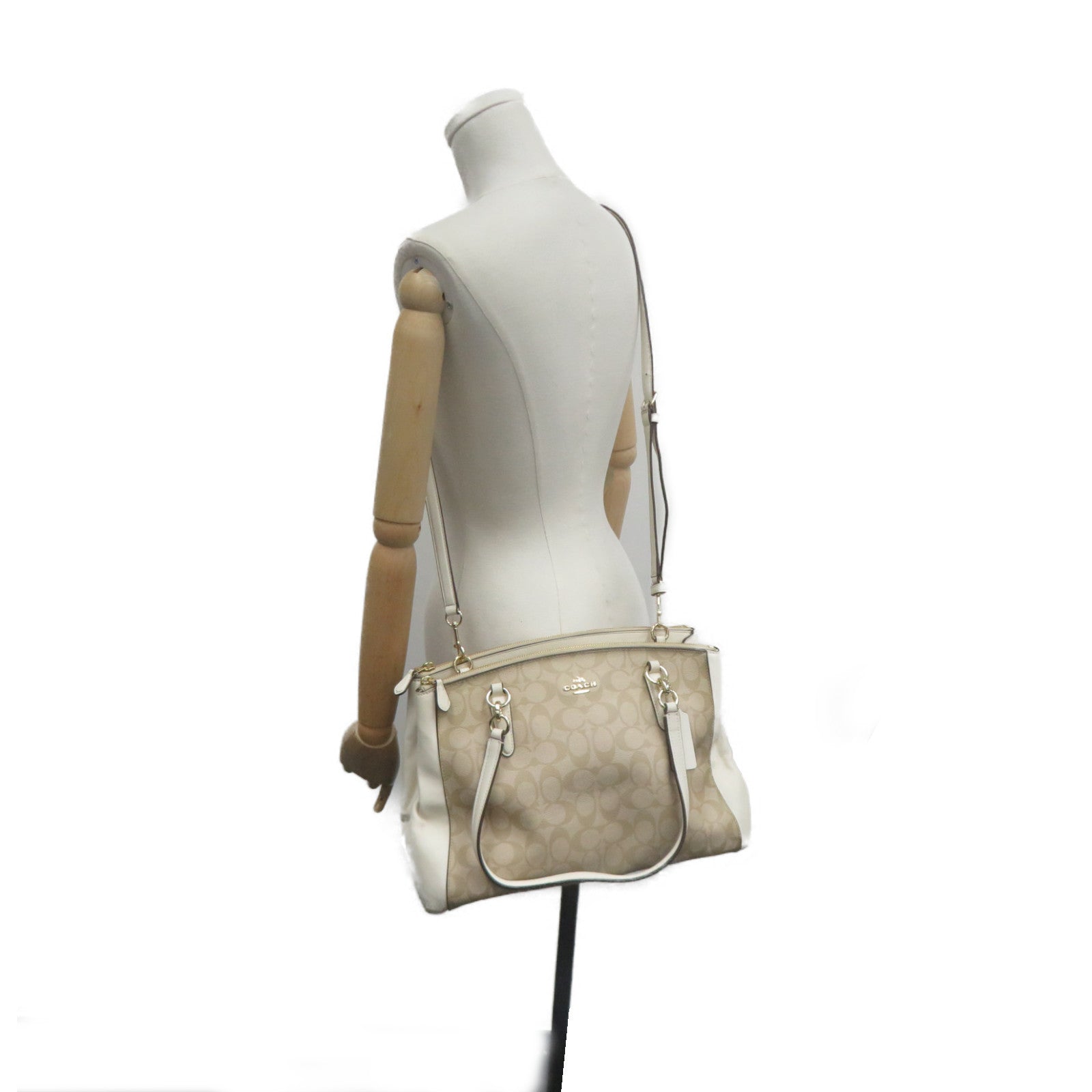 COACH 塗層帆布2Way Shoulder Bag手挽肩背兩用袋杏色/米白色
