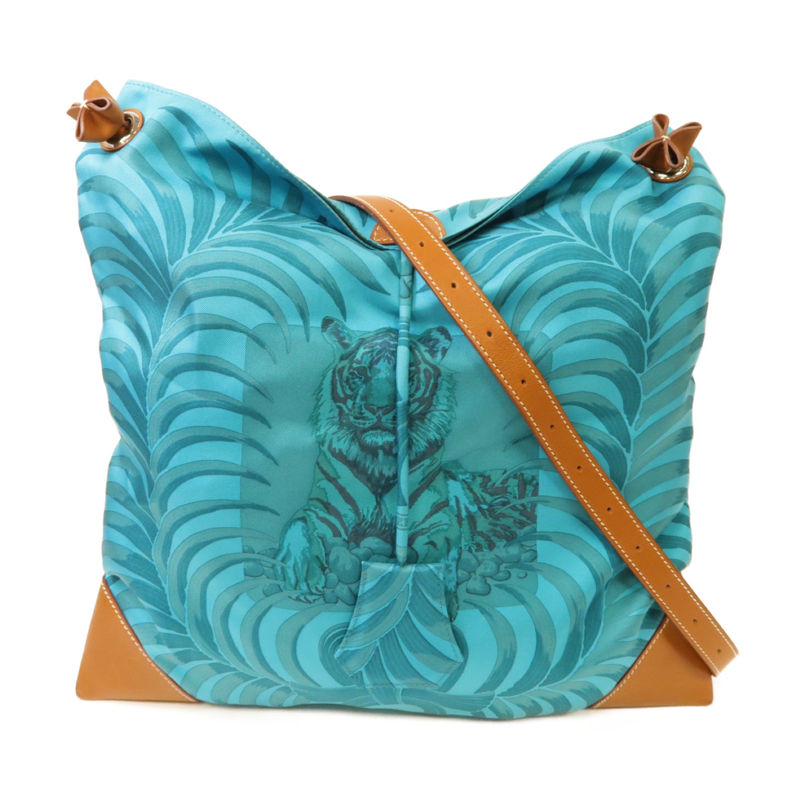 HERMES 絲質Silk City銀扣肩背袋綠色