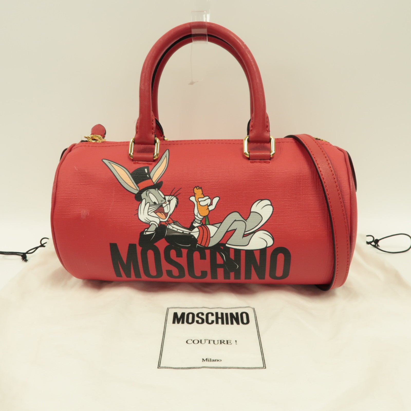 MOSCHINO 牛皮皮革Bugs Bunny Shoulder Bag金扣手挽肩背兩用袋紅色