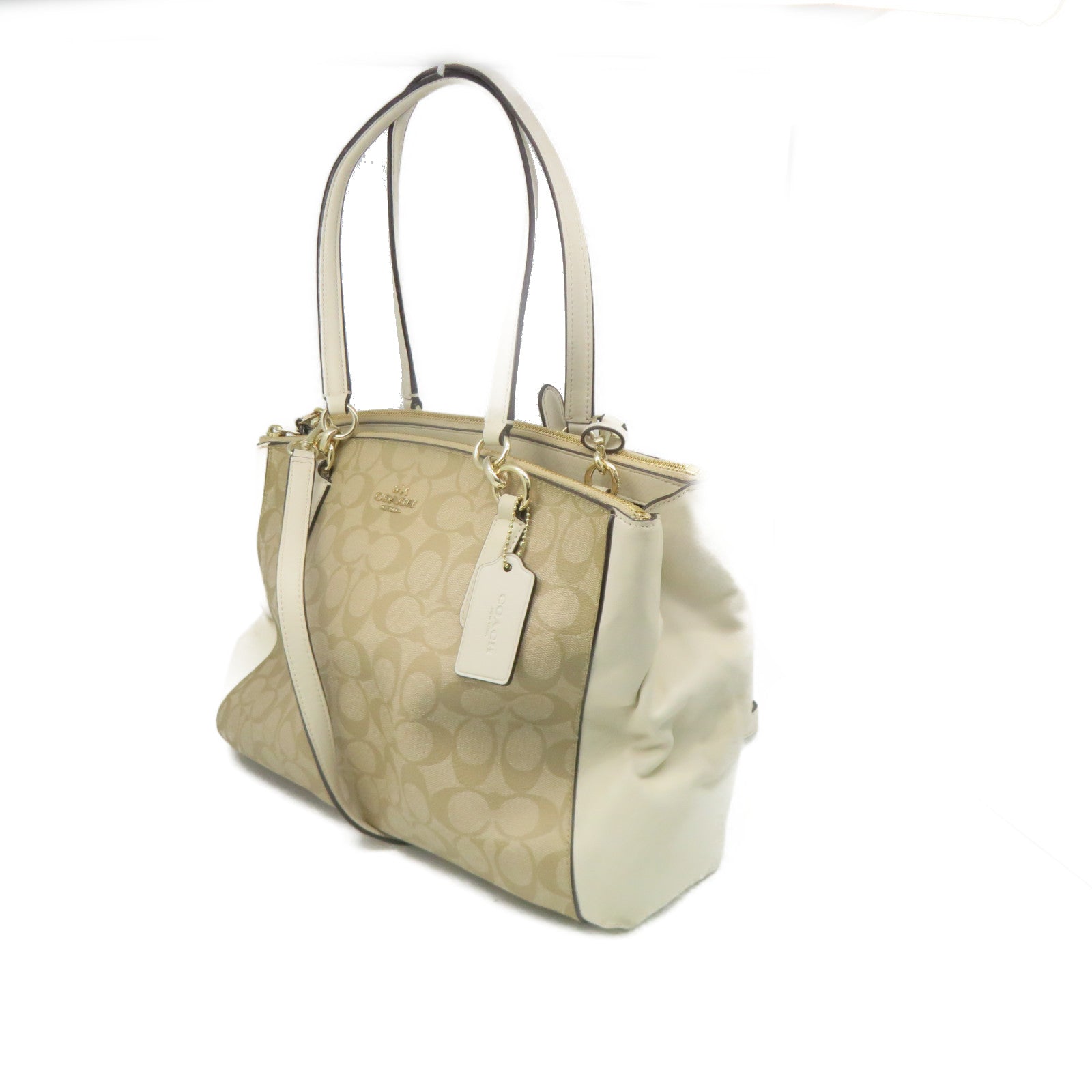 COACH 塗層帆布2Way Shoulder Bag手挽肩背兩用袋杏色/米白色