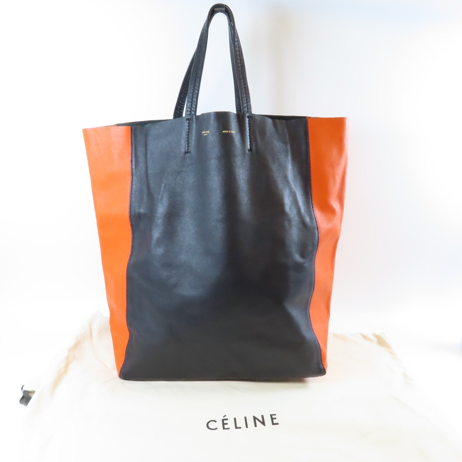 CELINE 羊皮皮革Cabas Tote金扣手挽袋黑色/橙色