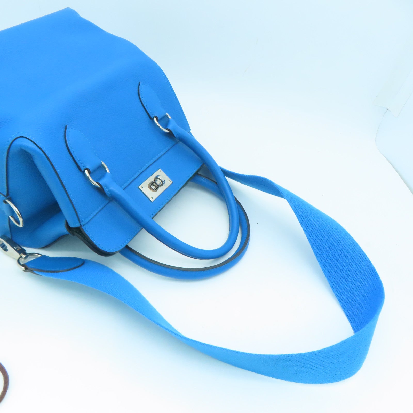 HERMES 【激減優惠】Evercolor皮革Toolbox 20 Shoulder Bag銀扣手挽肩背兩用袋藍色