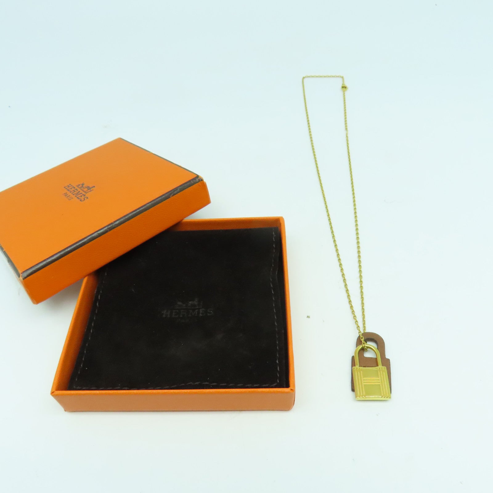 HERMES Swift皮革/金屬O'Kelly Necklace項鍊金色/啡色