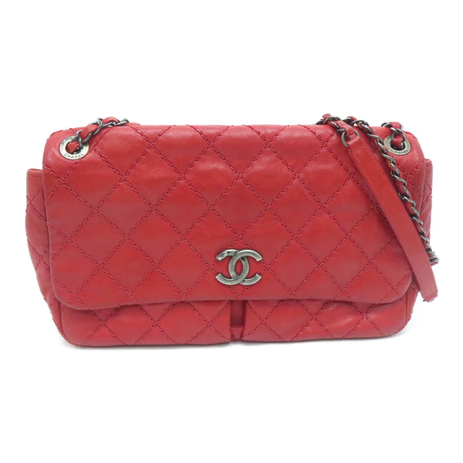 CHANEL 【激减优惠】菱格Caviar皮革Chain Shoulder Bag银扣肩背袋红色