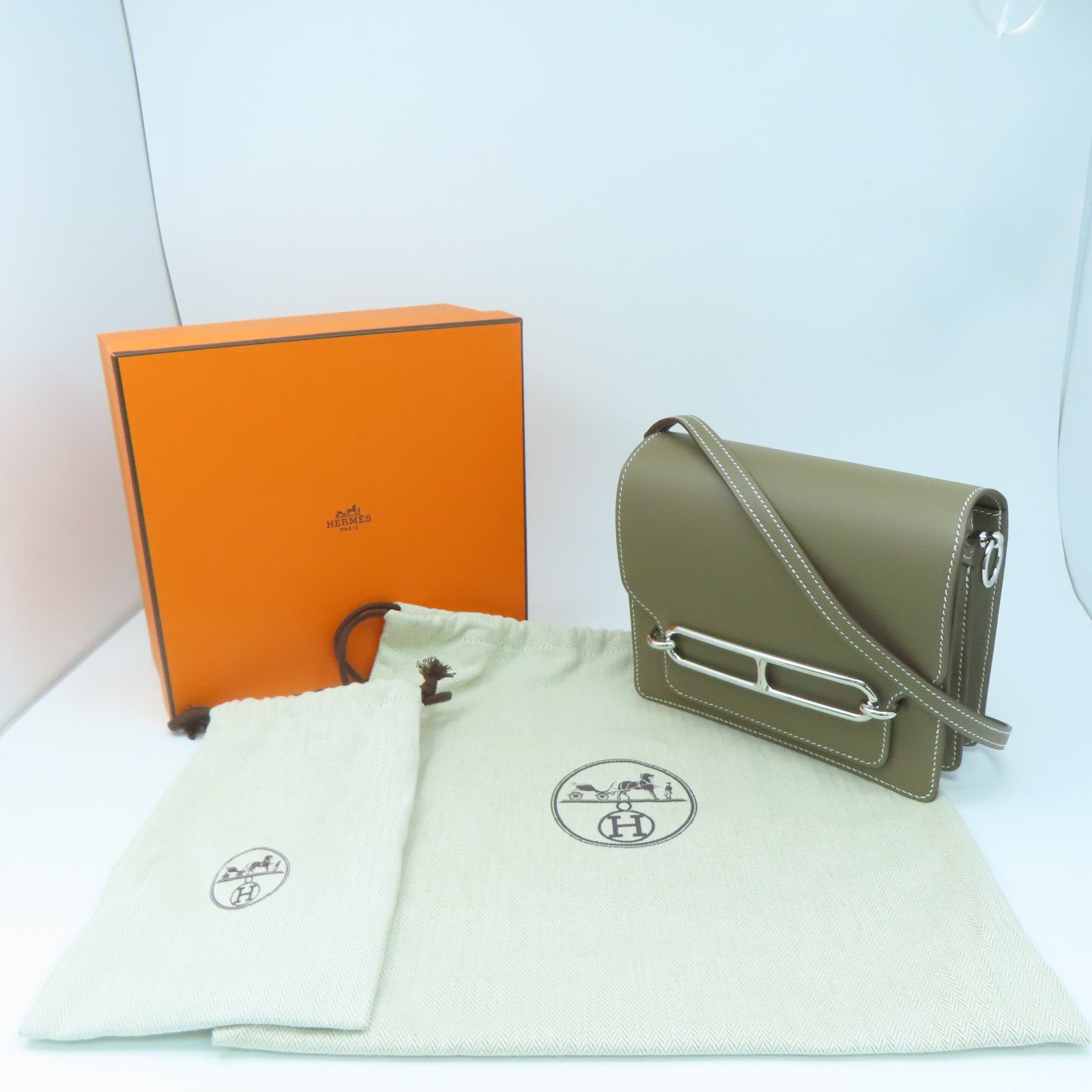 HERMES Evercolor Leather Mini Roulis Silver Buckle Shoulder Bag Elephant Gray