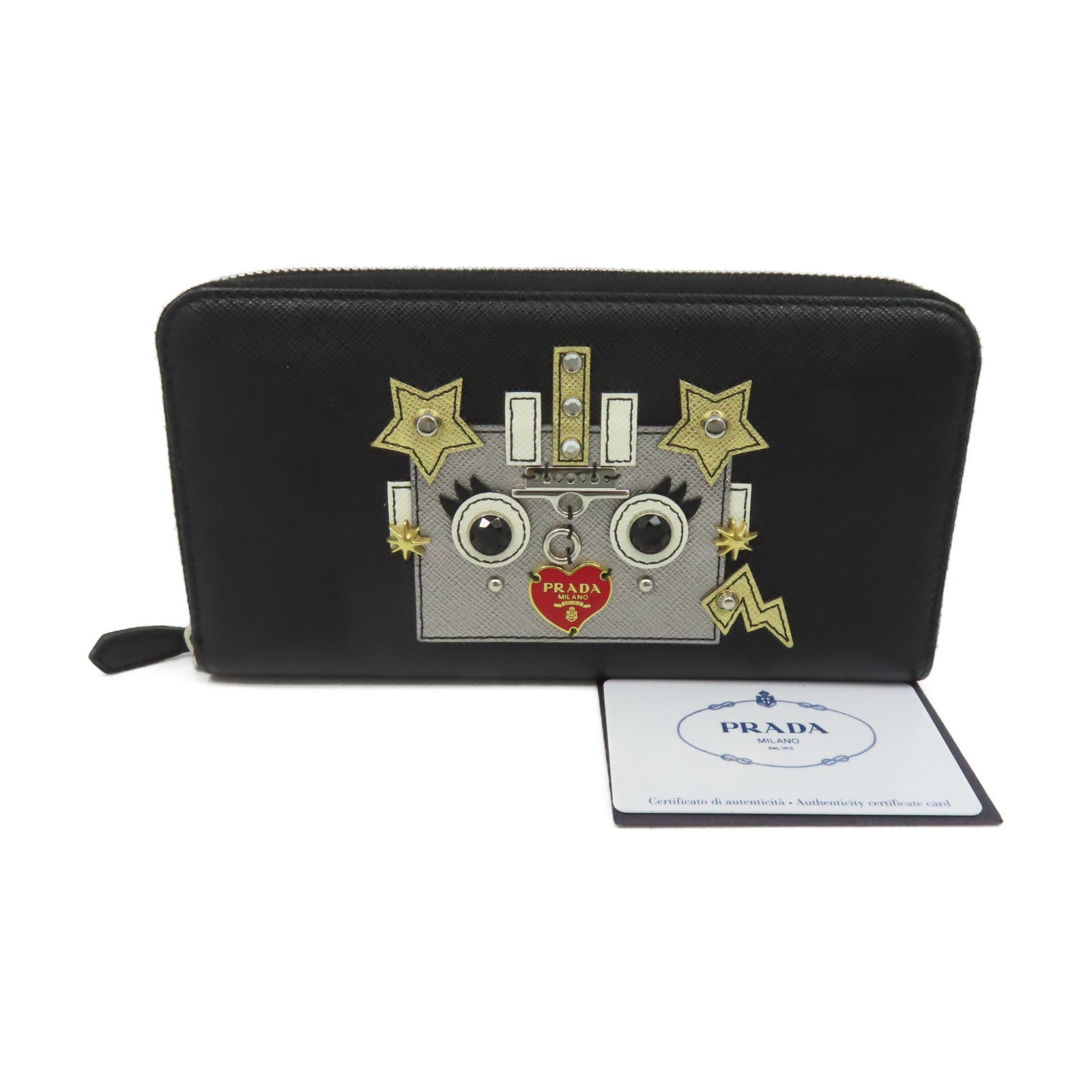 PRADA Saffiano皮革Robot Zipper Long Wallet銀扣長錢包黑色