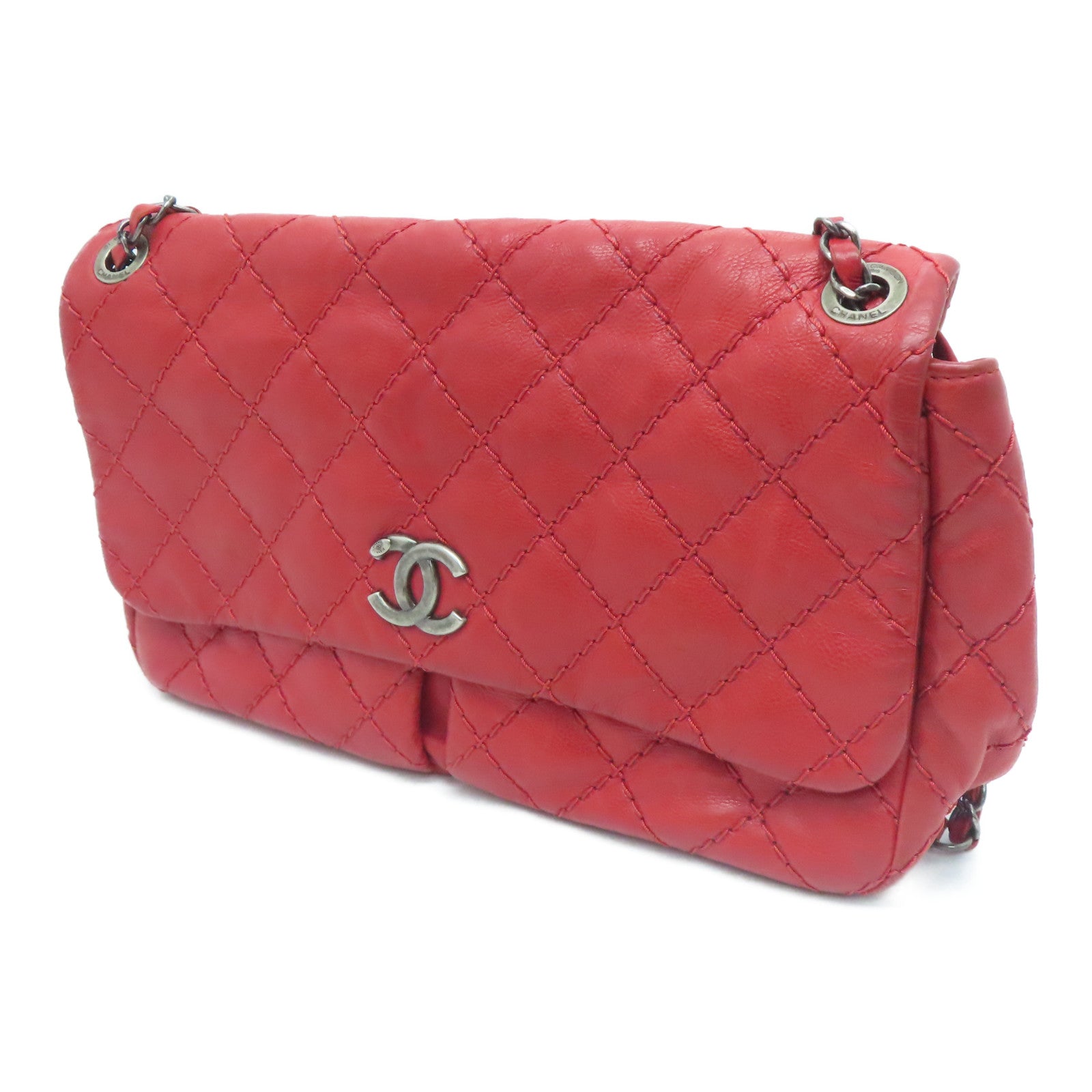 CHANEL 【激减优惠】菱格Caviar皮革Chain Shoulder Bag银扣肩背袋红色