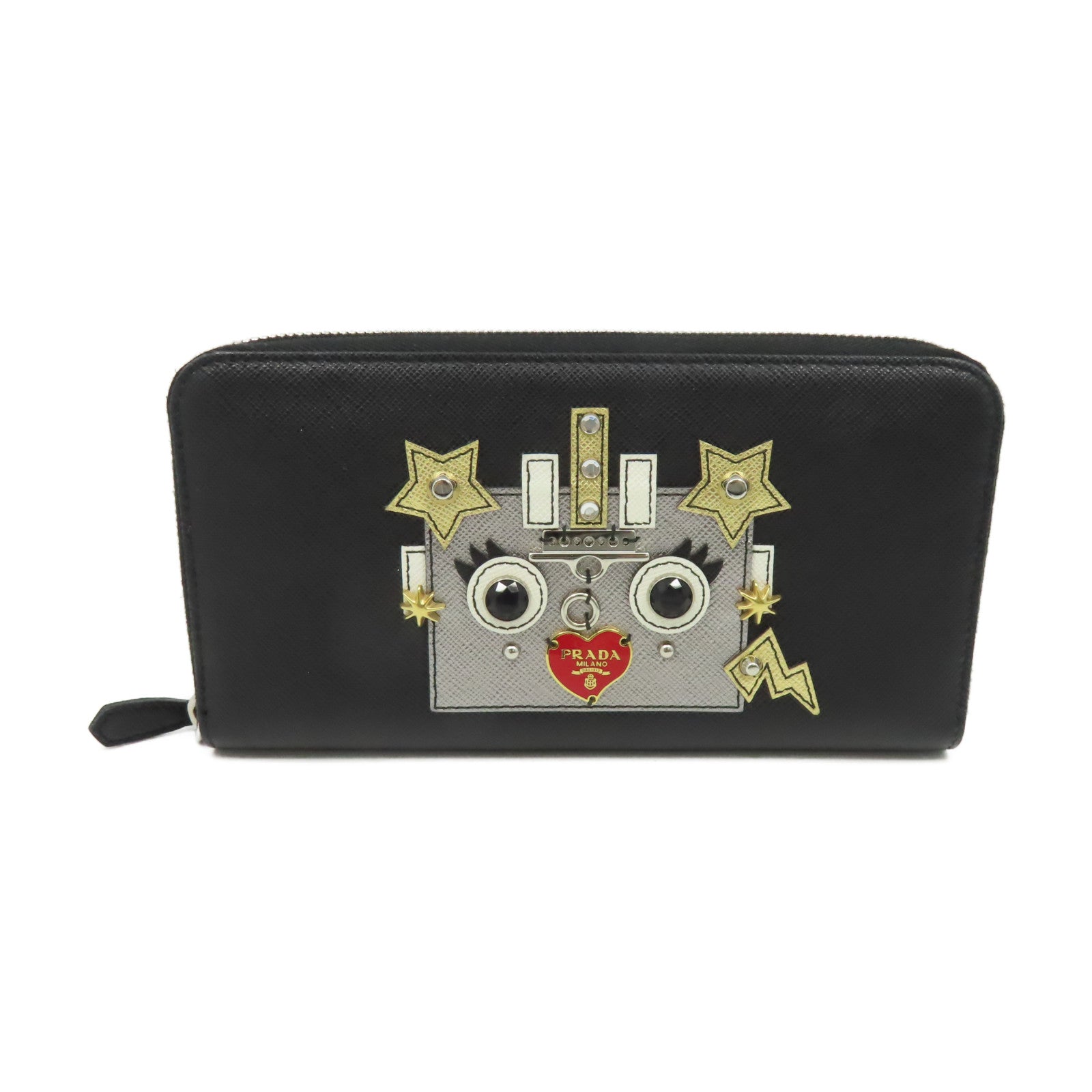 PRADA Saffiano皮革Robot Zipper Long Wallet銀扣長錢包黑色
