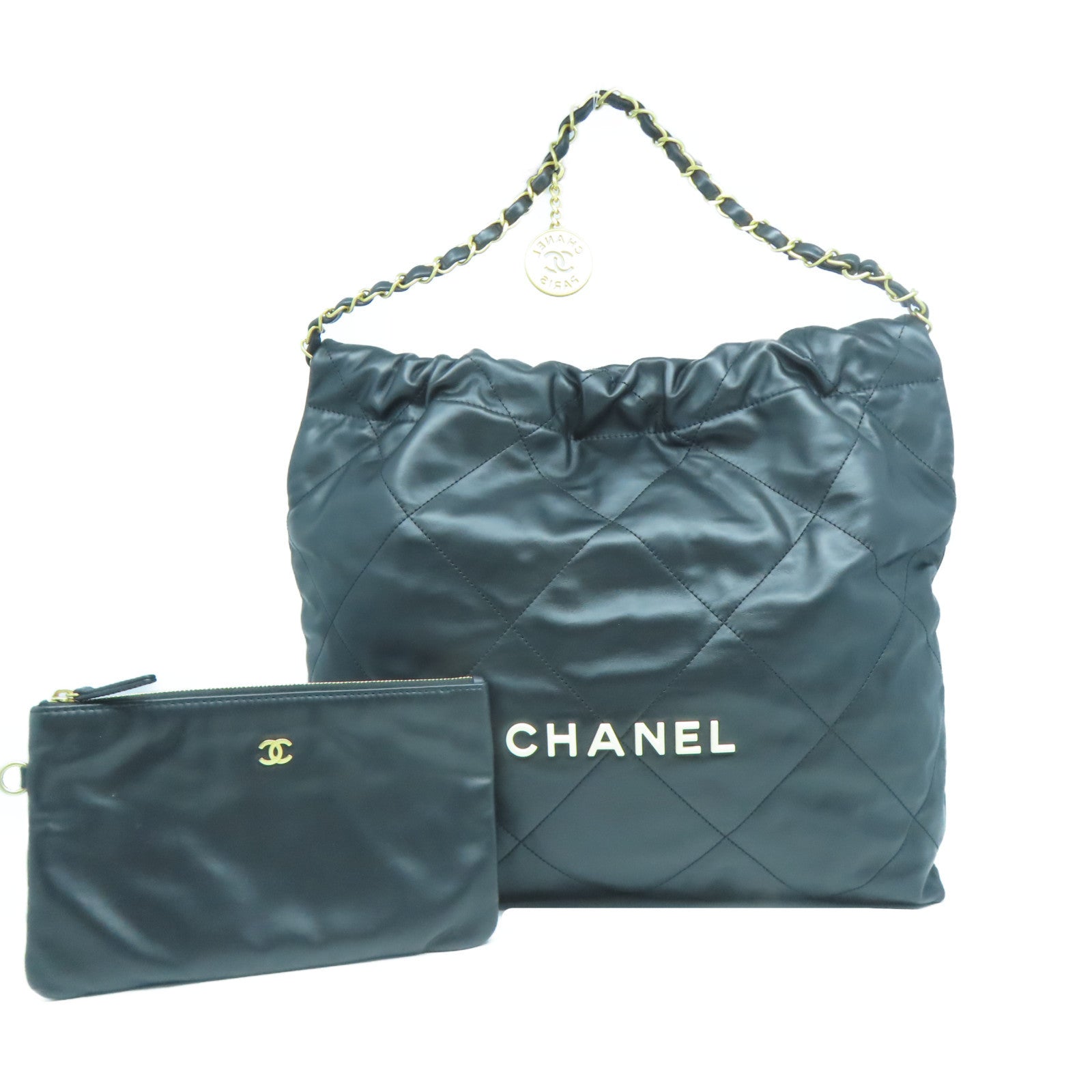 CHANEL 菱格羊皮皮革Chanel 22 Medium金扣鏈帶手挽袋黑色