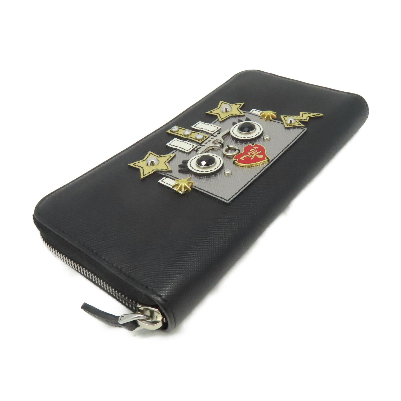 PRADA Saffiano皮革Robot Zipper Long Wallet銀扣長錢包黑色