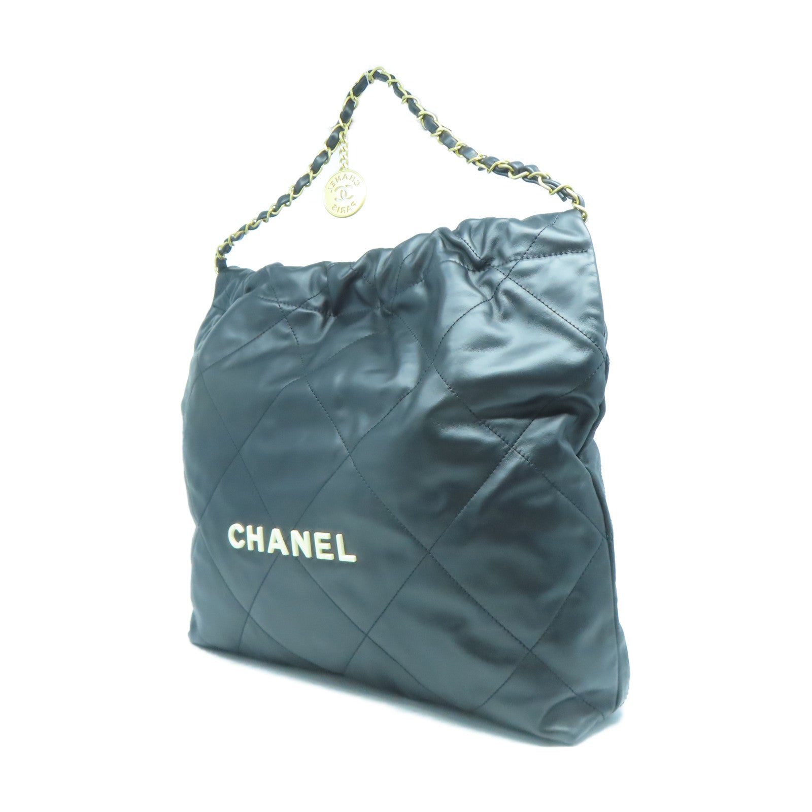 CHANEL 菱格羊皮皮革Chanel 22 Medium金扣鏈帶手挽袋黑色