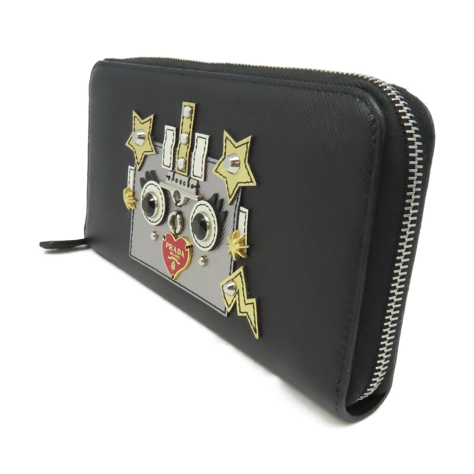 PRADA Saffiano皮革Robot Zipper Long Wallet銀扣長錢包黑色