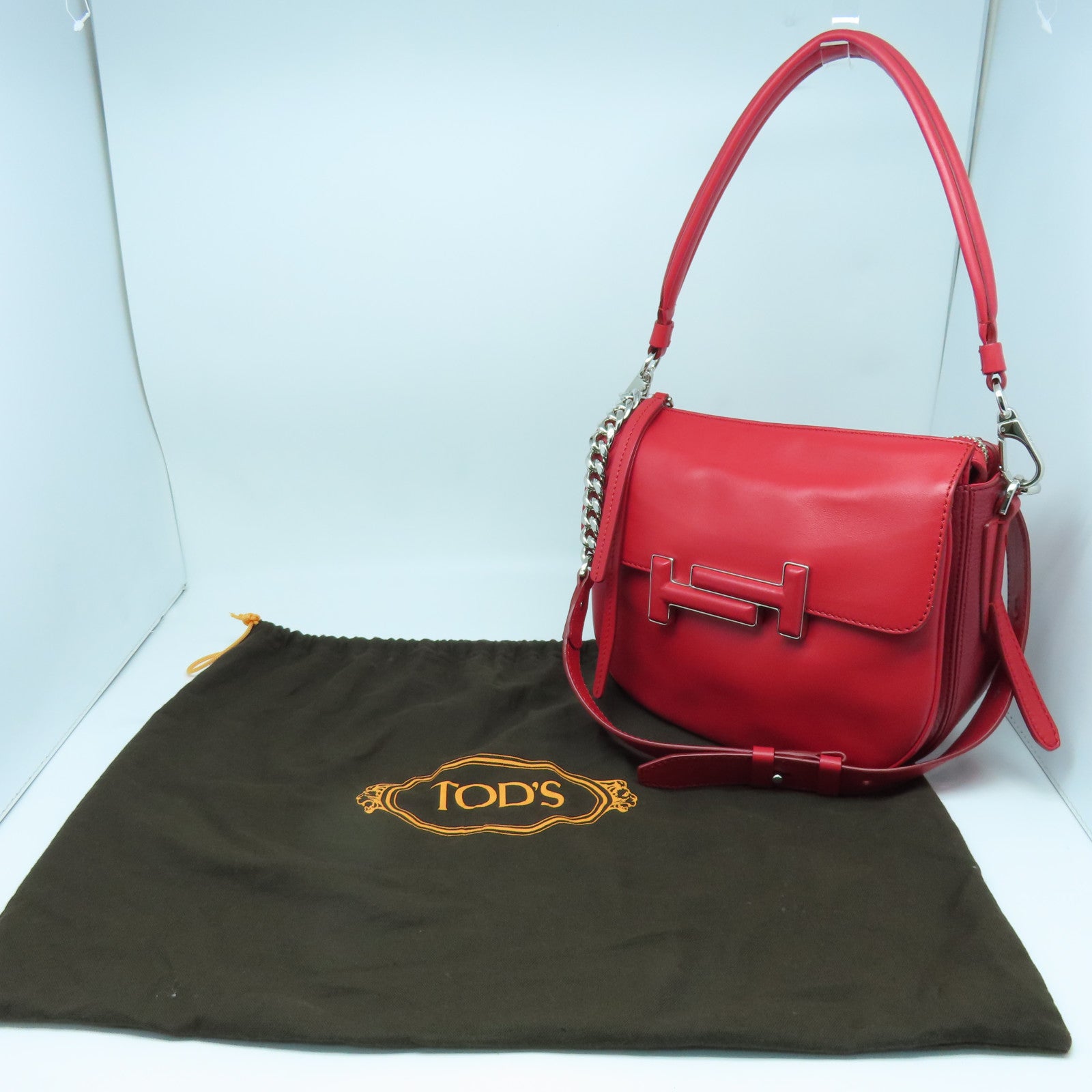 TOD'S 牛皮皮革Shoulder Bag银扣肩背袋红色