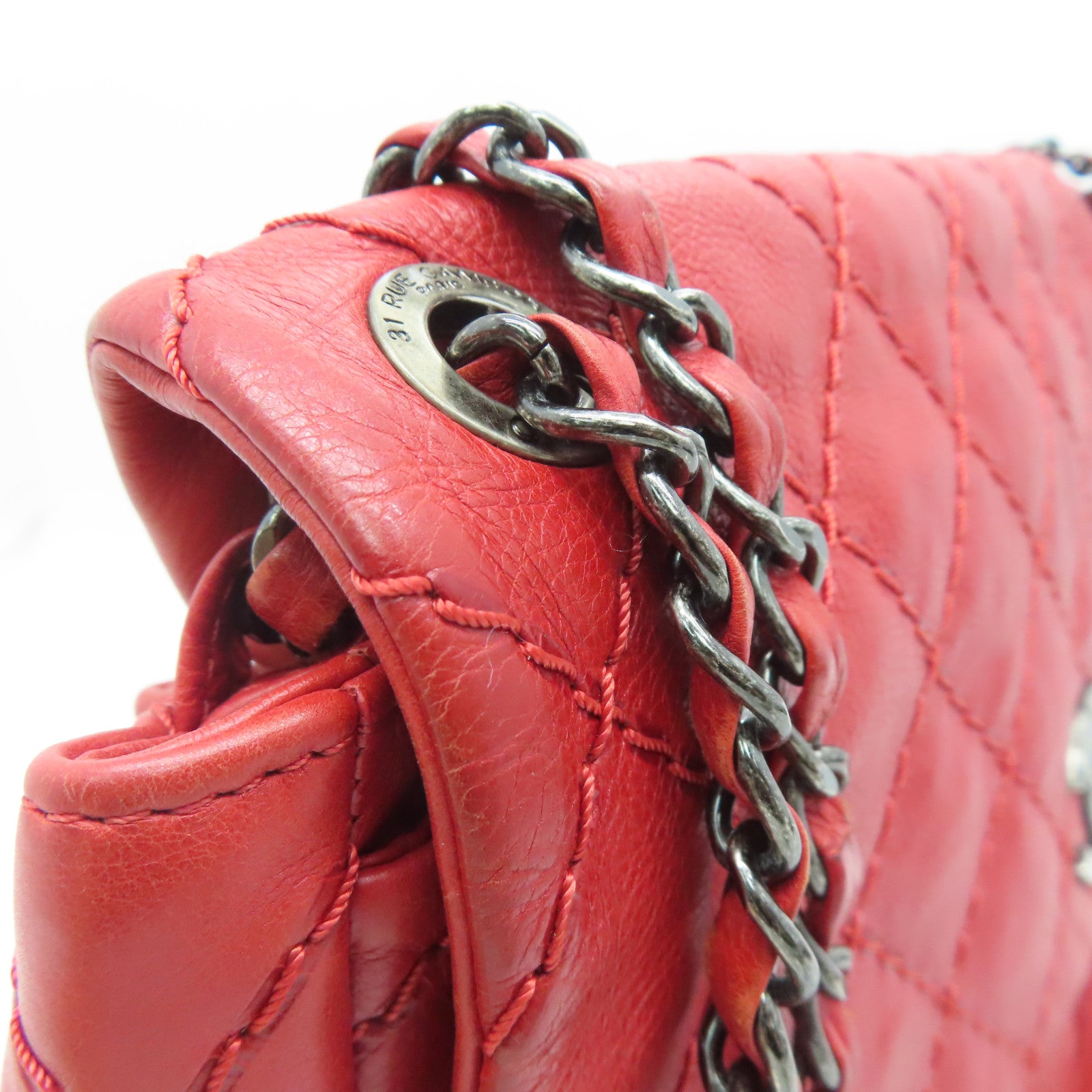 CHANEL 【激减优惠】菱格Caviar皮革Chain Shoulder Bag银扣肩背袋红色