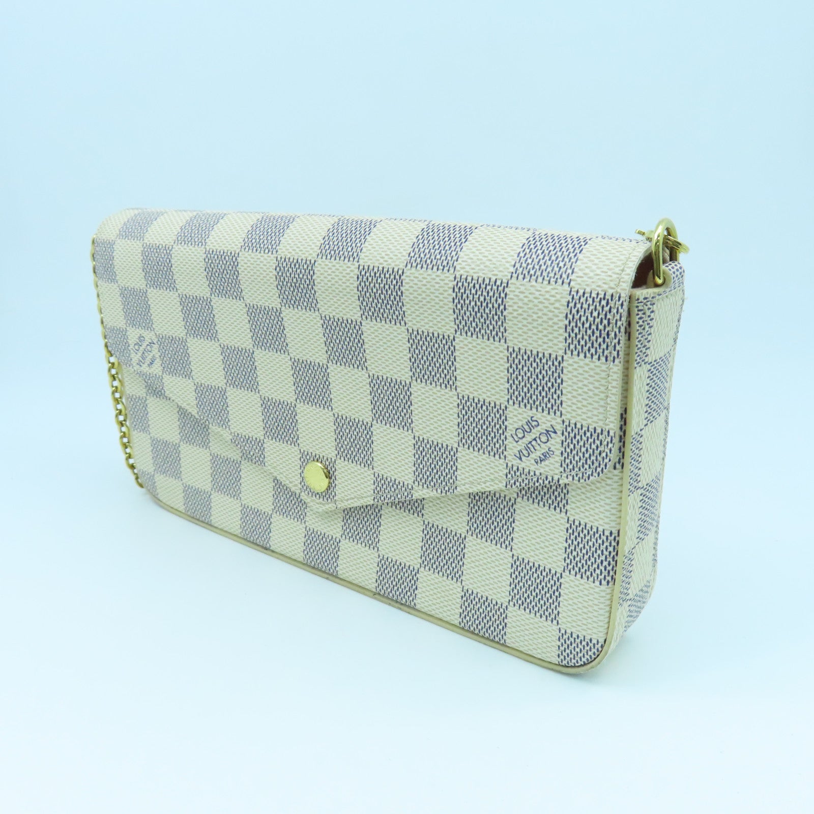 LOUIS VUITTON Damier Azur Felicie Pochette Shoulder金扣鏈帶肩背袋白色