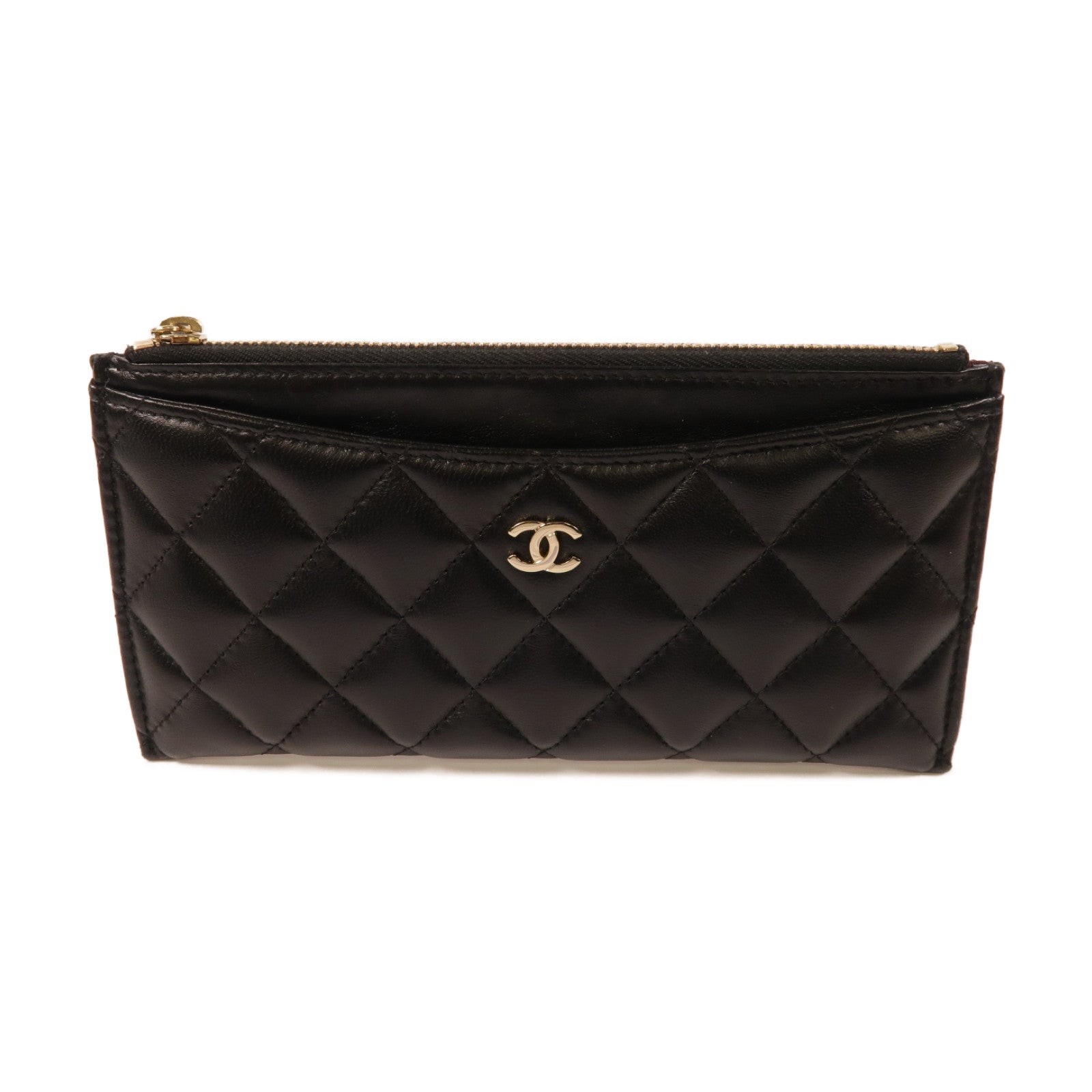 CHANEL 菱格羊皮皮革Long Wallet銀扣長錢包黑色