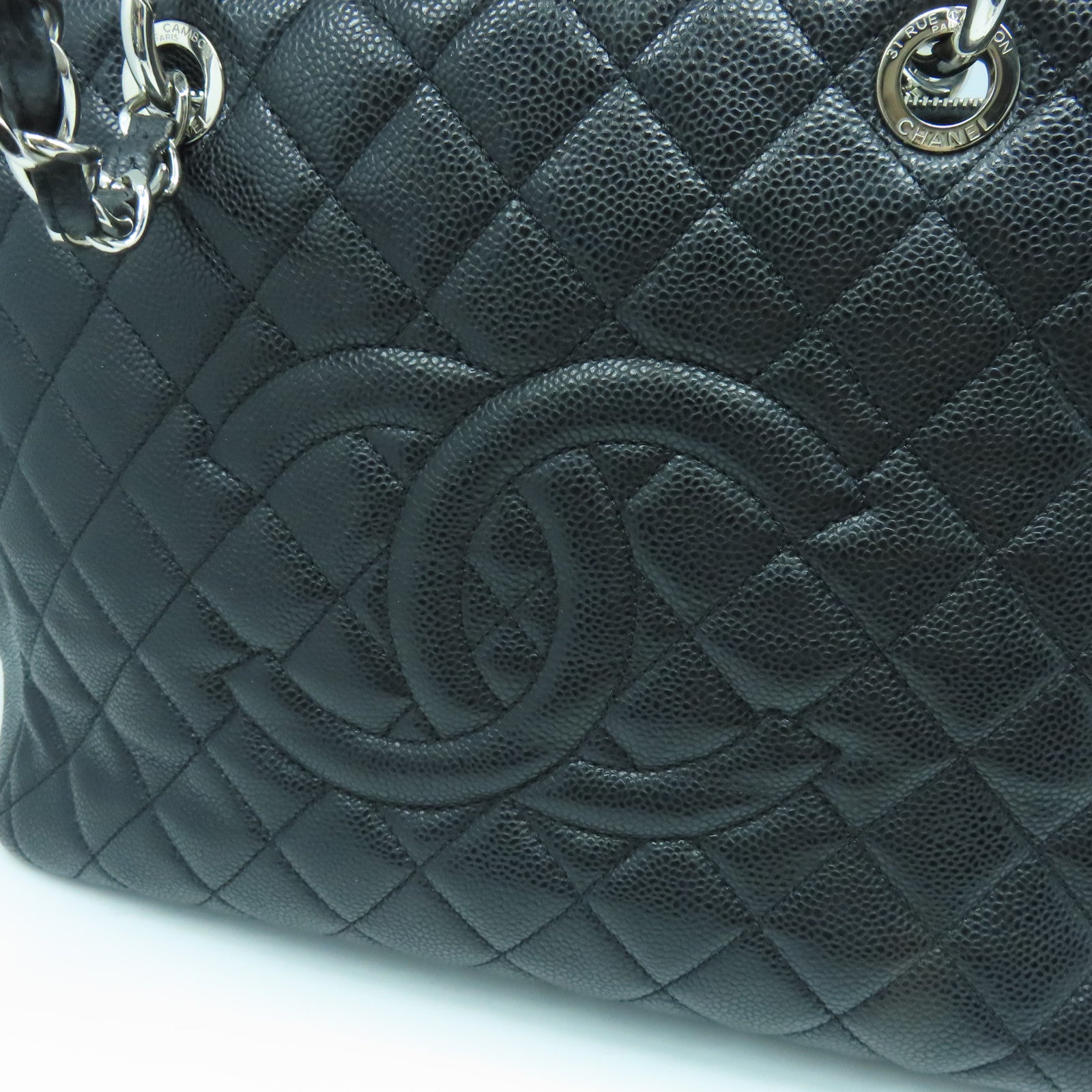 CHANEL 菱格Caviar皮革GST銀扣肩背袋黑色