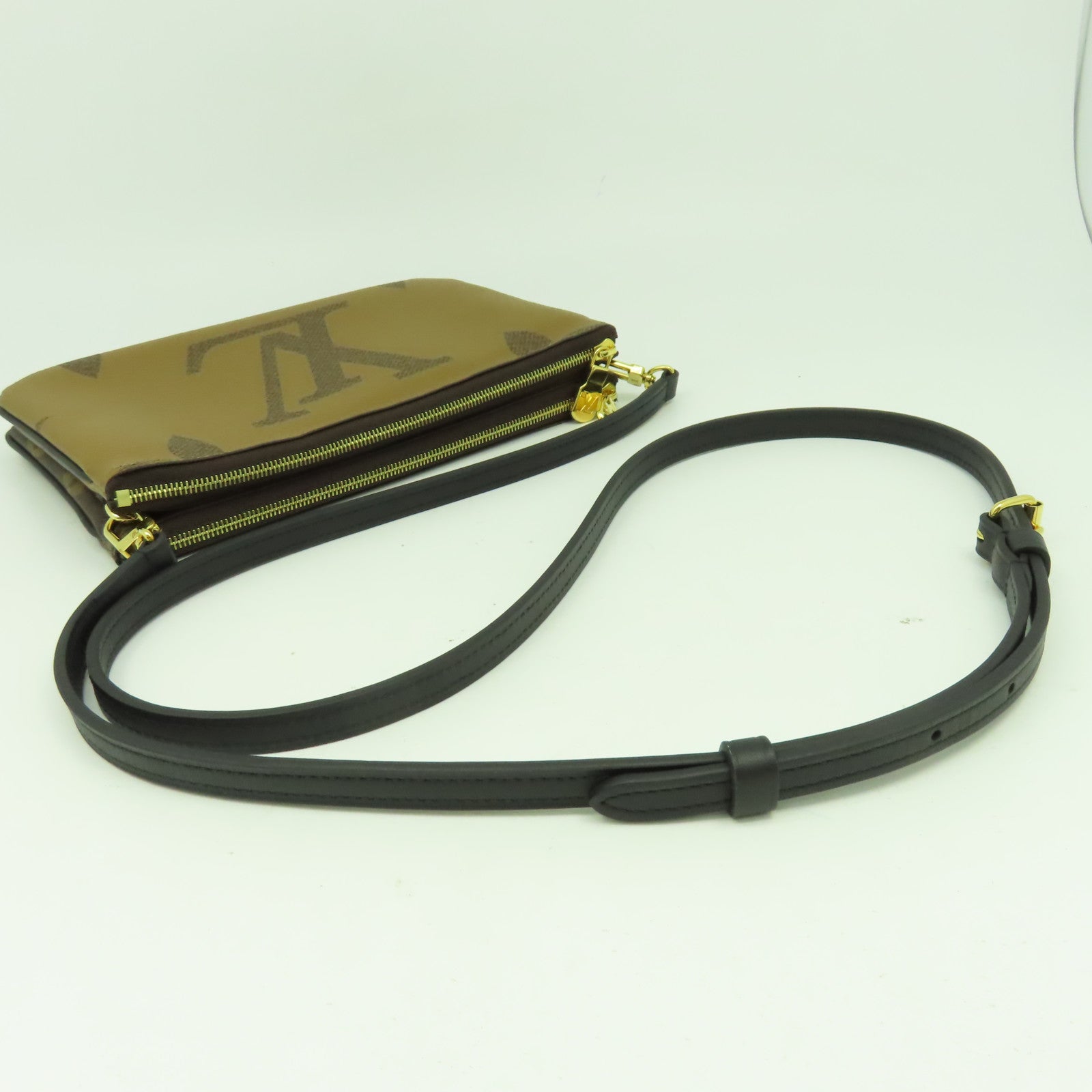 LOUIS VUITTON Monogram Double Zip Pochette肩背袋金扣啡色