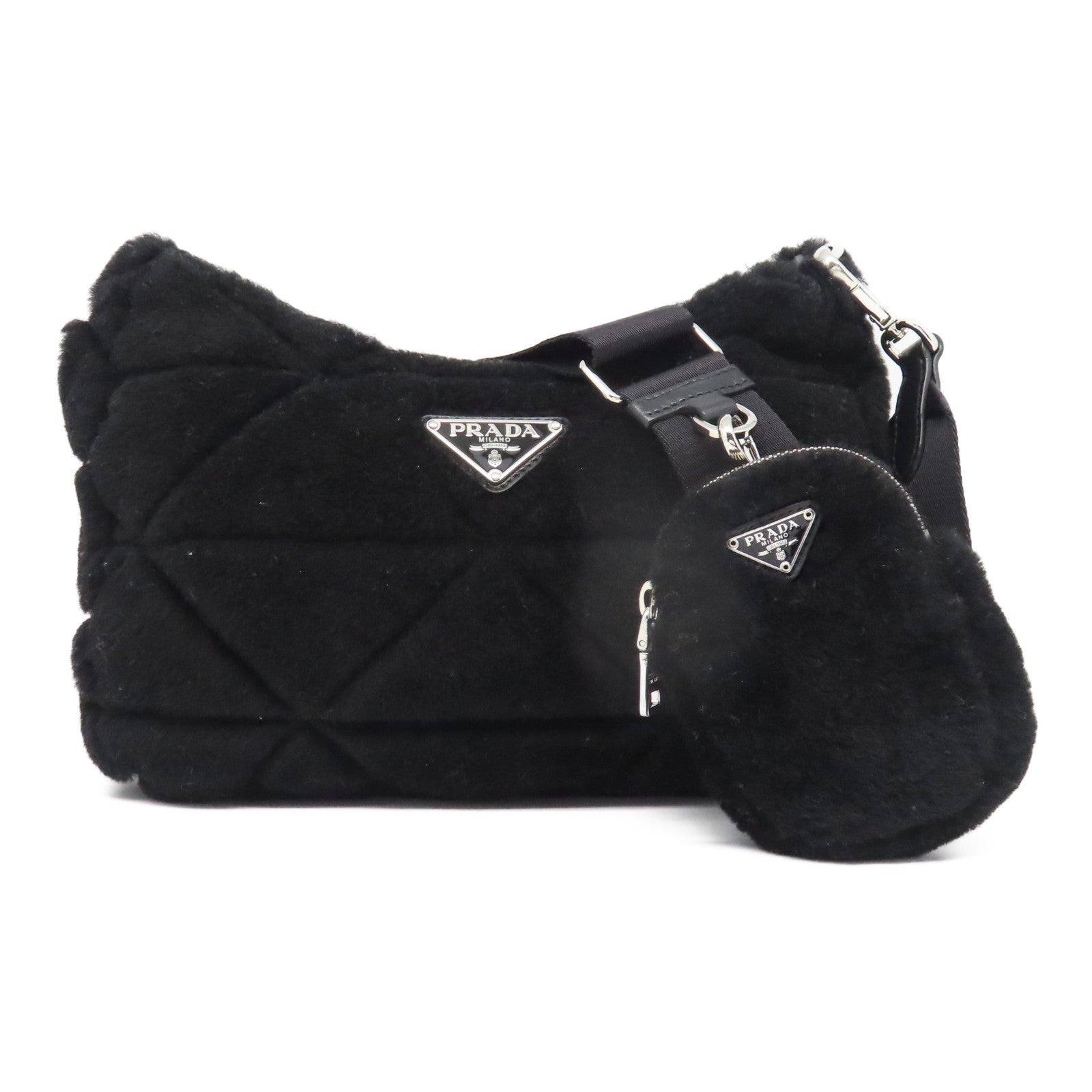 PRADA 毛茸Shoulder Bag银扣肩背袋黑色