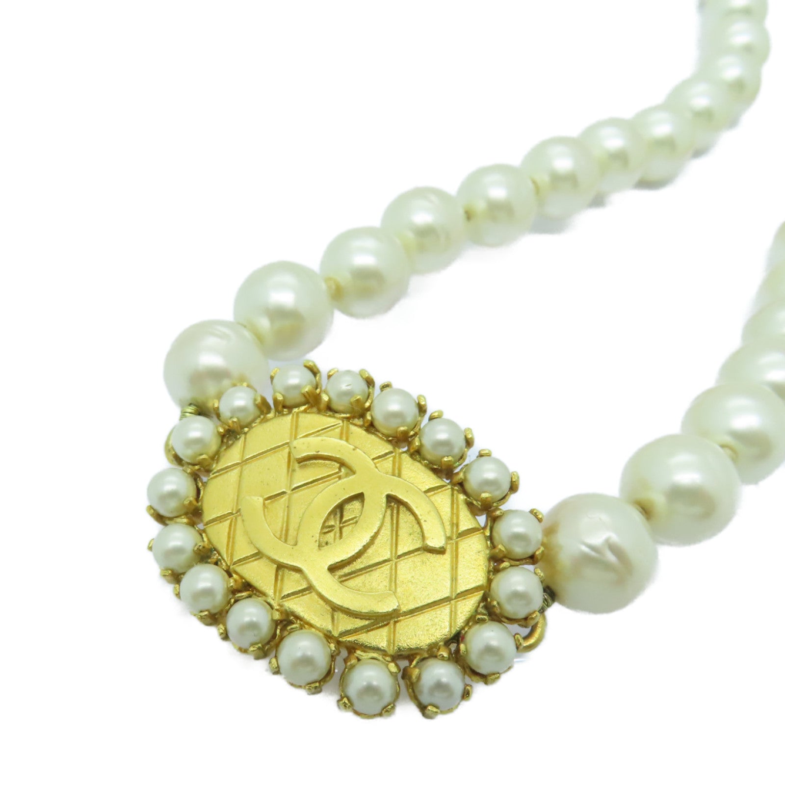 CHANEL 仿珍珠/金屬Necklace金扣項鍊白色