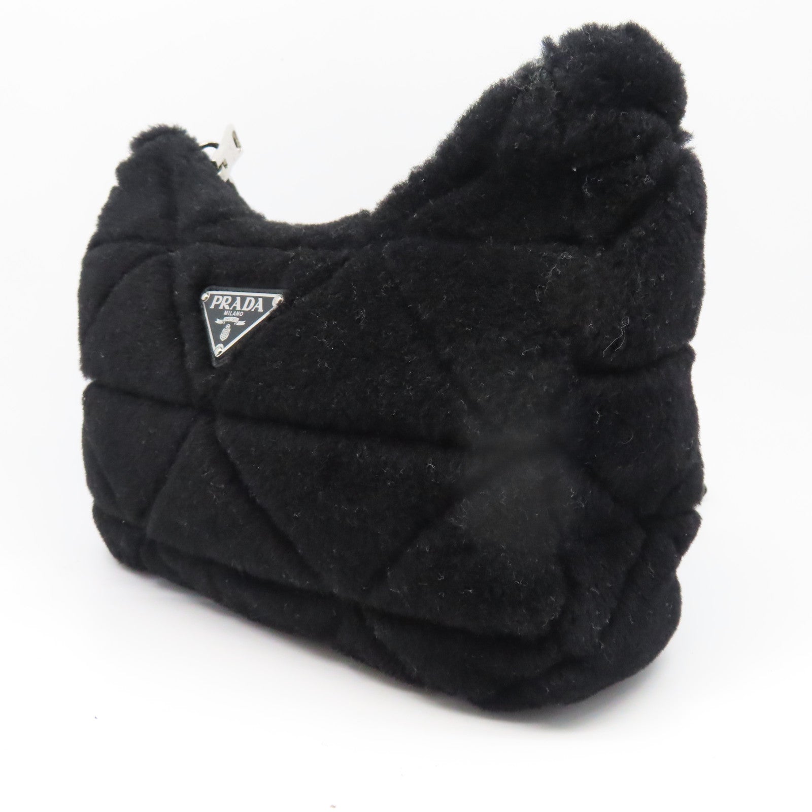 PRADA 毛茸Shoulder Bag银扣肩背袋黑色