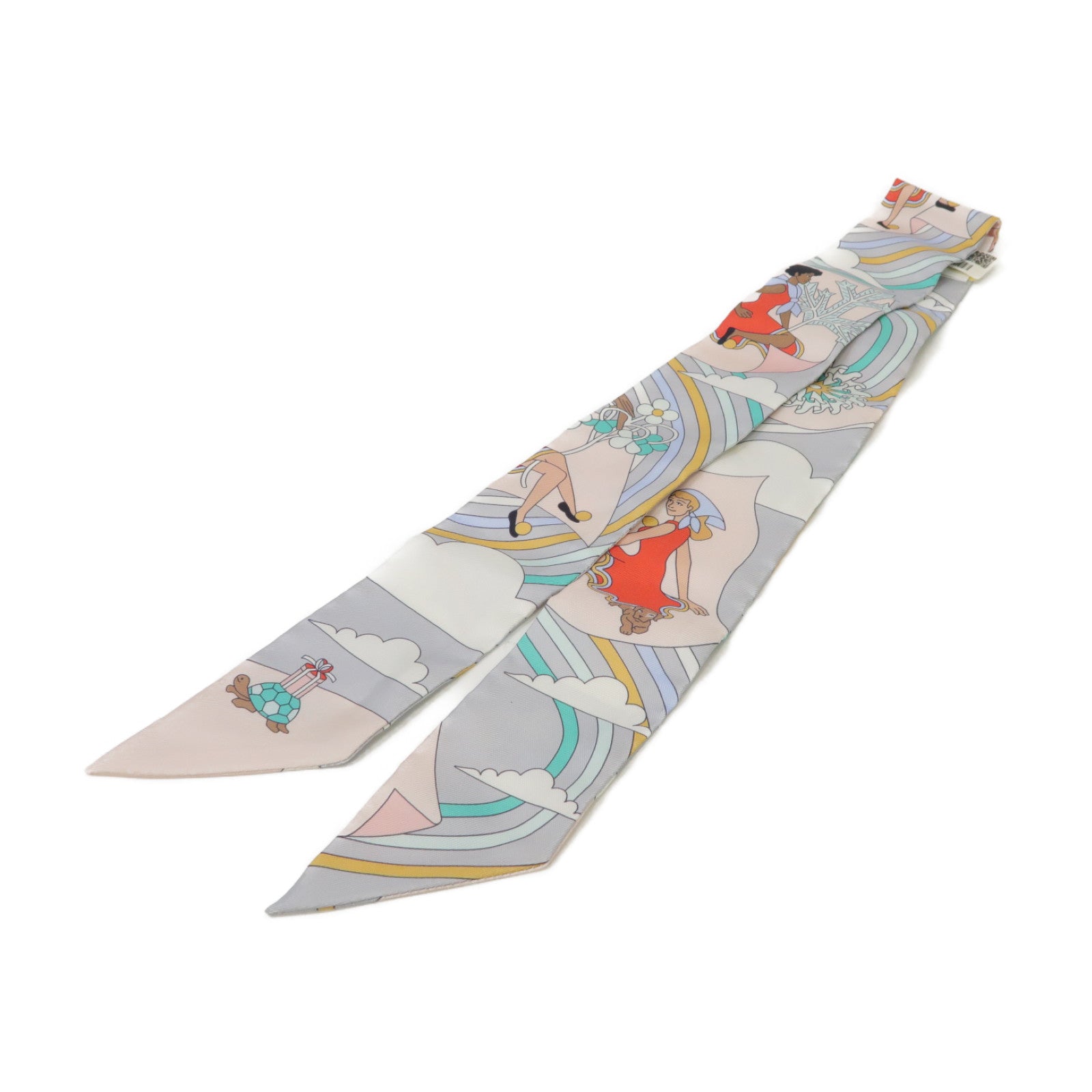HERMES 絲質Twilly絲巾灰色/粉紅色/彩色