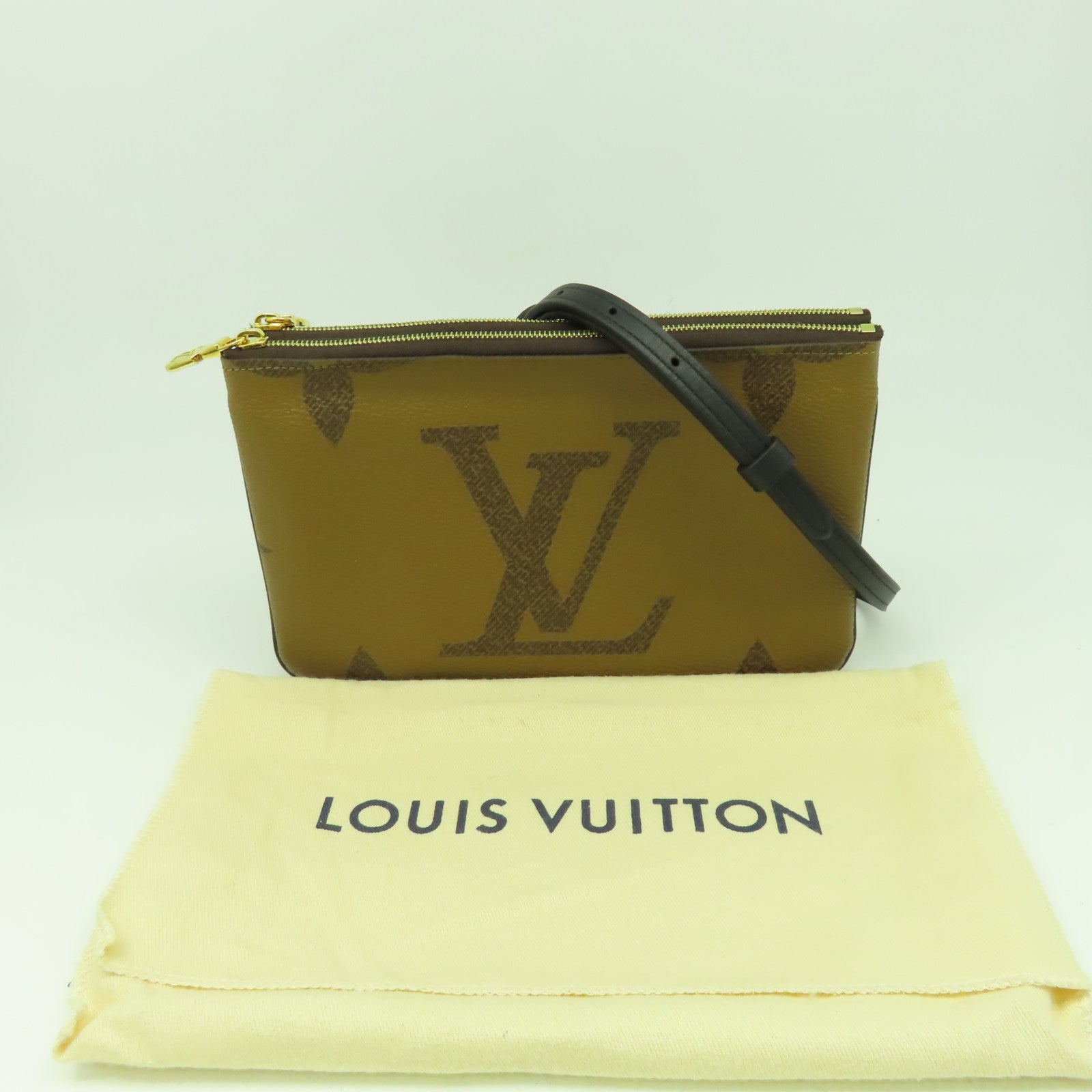 LOUIS VUITTON Monogram Double Zip Pochette肩背袋金扣啡色