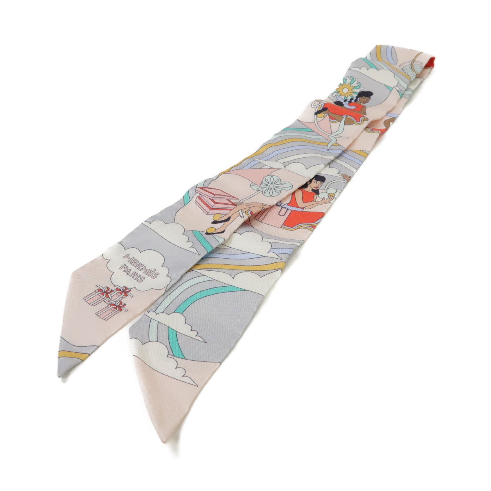 HERMES 絲質Twilly絲巾灰色/粉紅色/彩色