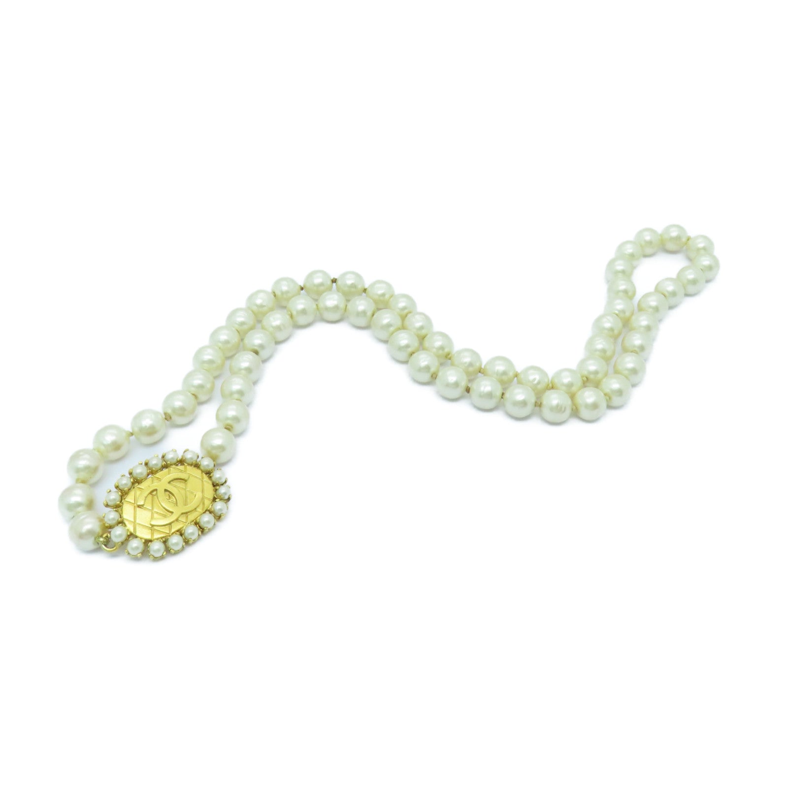 CHANEL 仿珍珠/金屬Necklace金扣項鍊白色