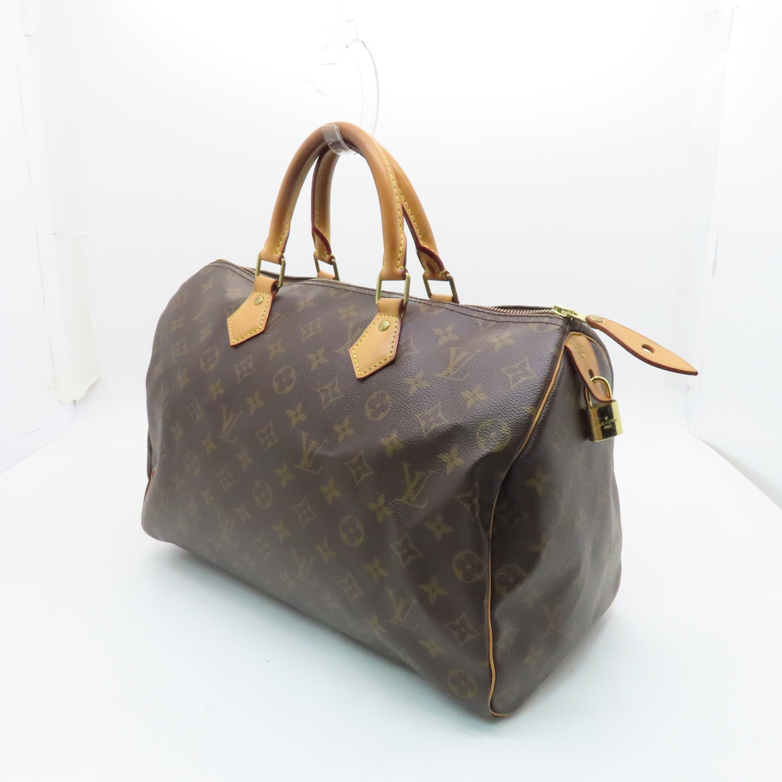 LOUIS VUITTON Monogram Speedy 35 Gold Buckle Handle Bag Brown