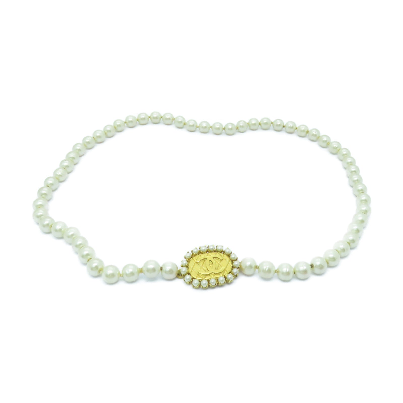 CHANEL 仿珍珠/金屬Necklace金扣項鍊白色