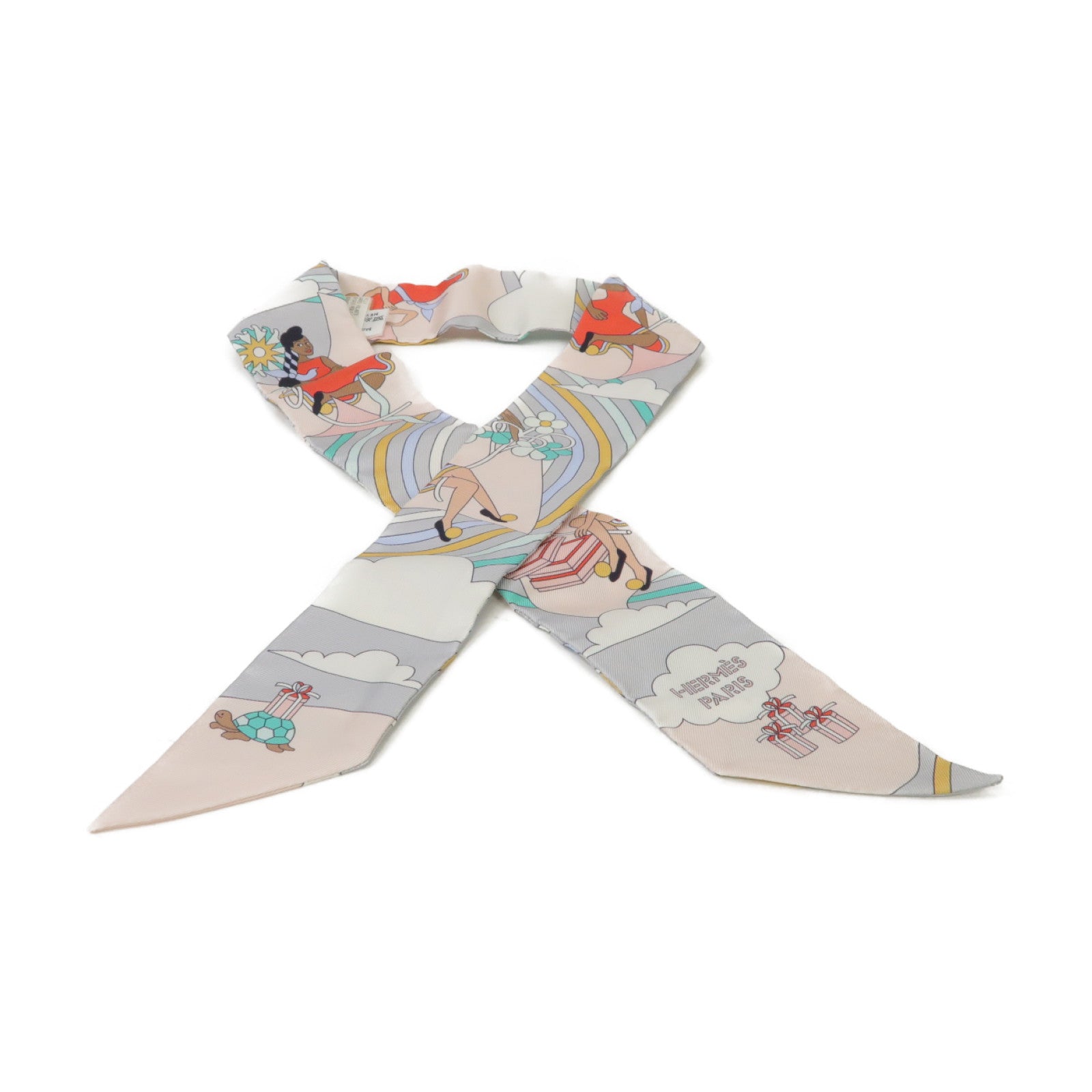 HERMES 絲質Twilly絲巾灰色/粉紅色/彩色