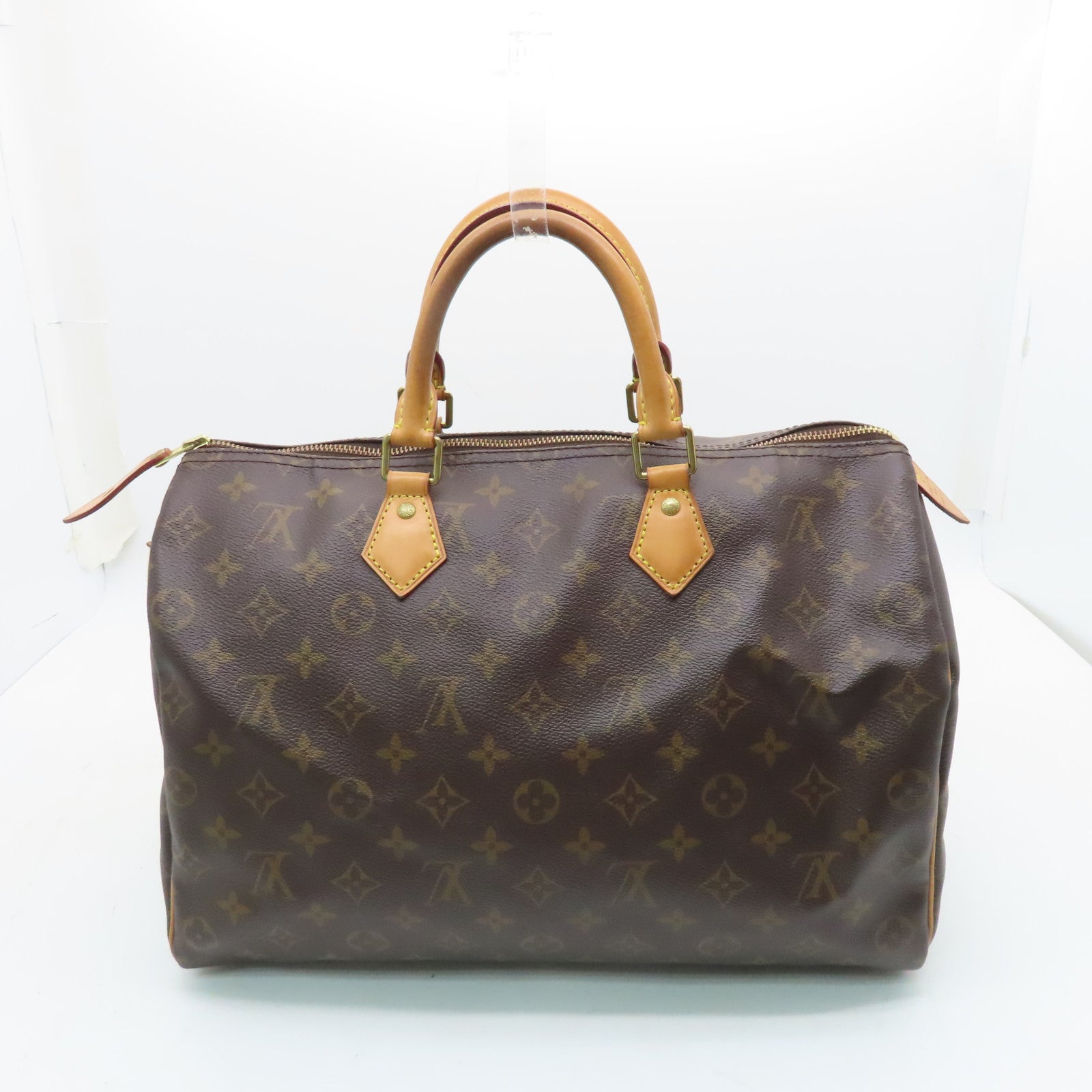 LOUIS VUITTON Monogram Speedy 35 Gold Buckle Handle Bag Brown