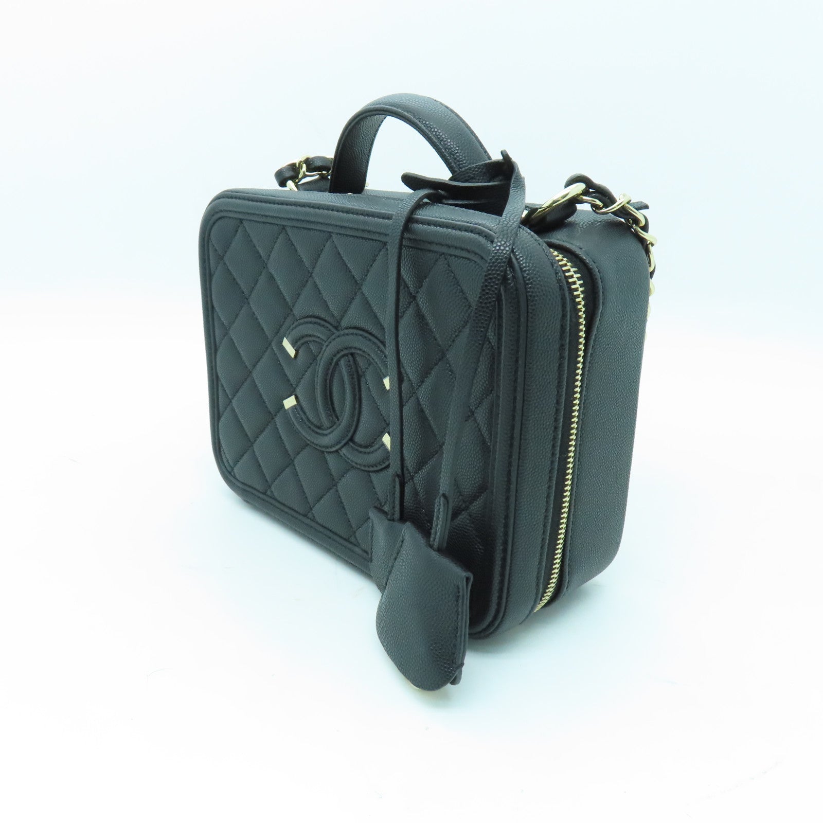 CHANEL 【激減優惠】菱格Caviar皮革Vanity Case金扣手挽肩背兩用袋黑色