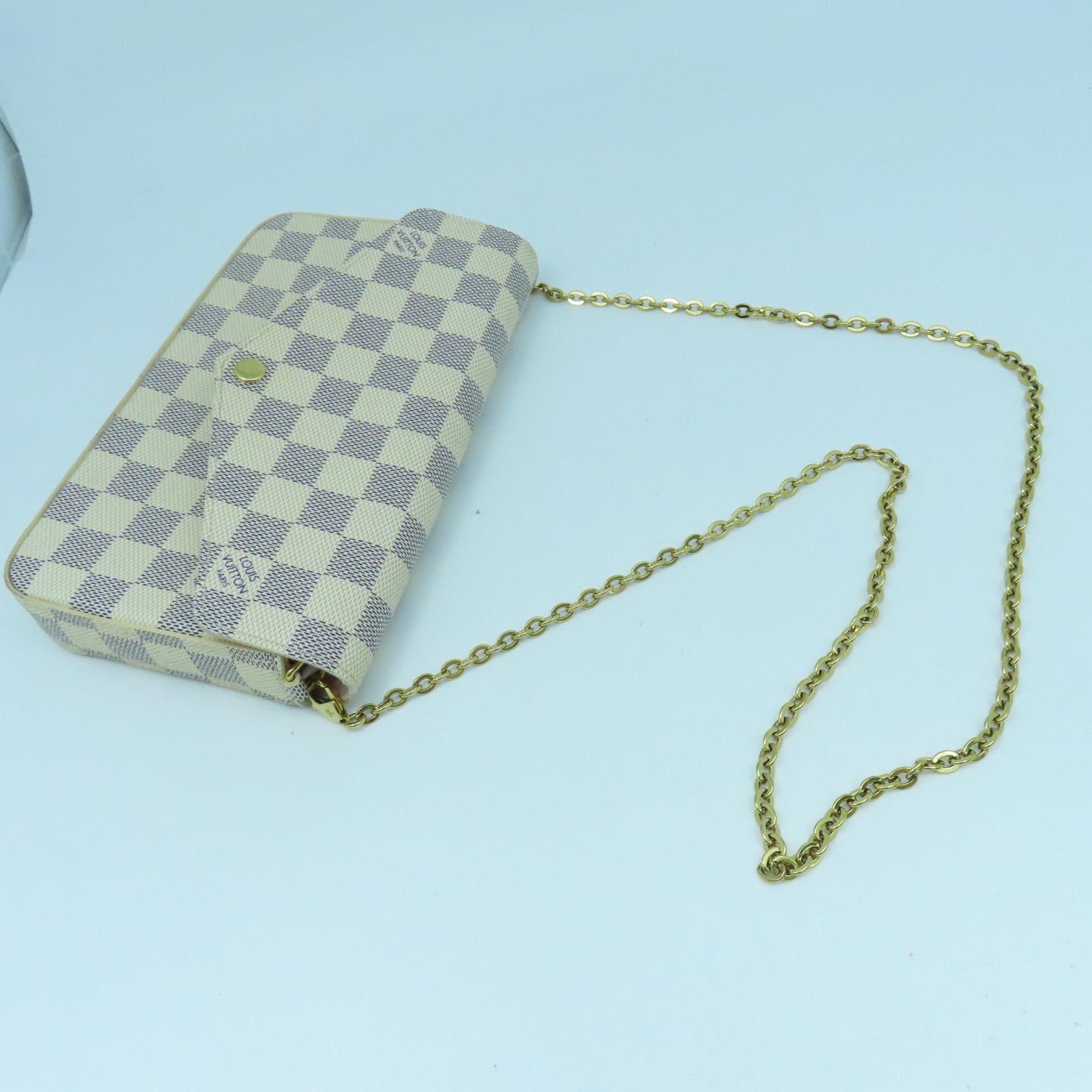 LOUIS VUITTON Damier Azur Felicie Pochette Shoulder金扣鏈帶肩背袋白色