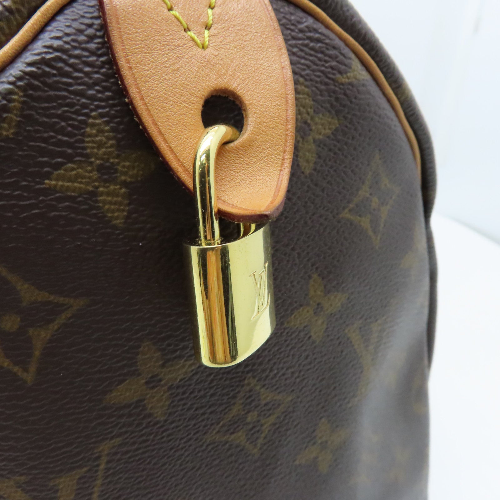LOUIS VUITTON Monogram Speedy 35 Gold Buckle Handle Bag Brown