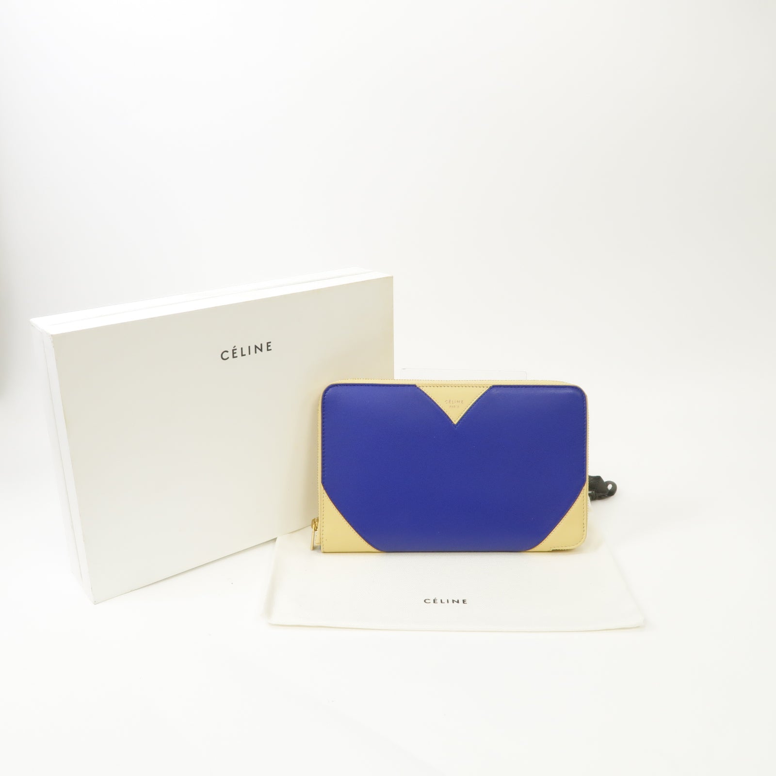 CELINE 牛皮皮革Long Wallet金扣長錢包藍色/米色
