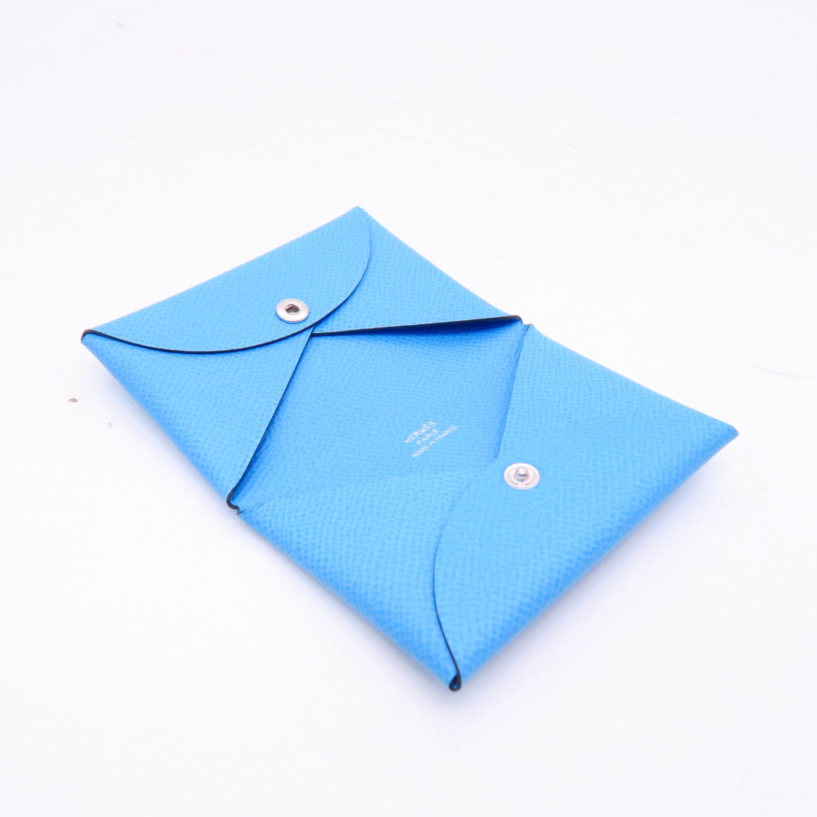 HERMES Epsom皮革Calvi銀扣卡片套粉藍色