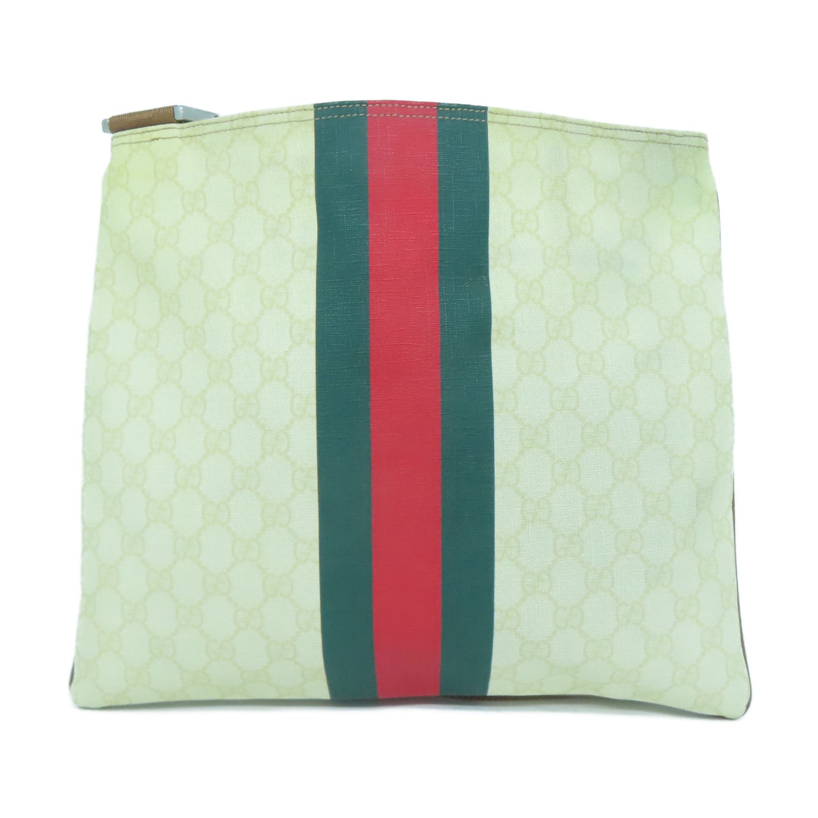 GUCCI 塗層帆布Shoulder Bag銀扣肩背袋奶油色/綠色/紅色