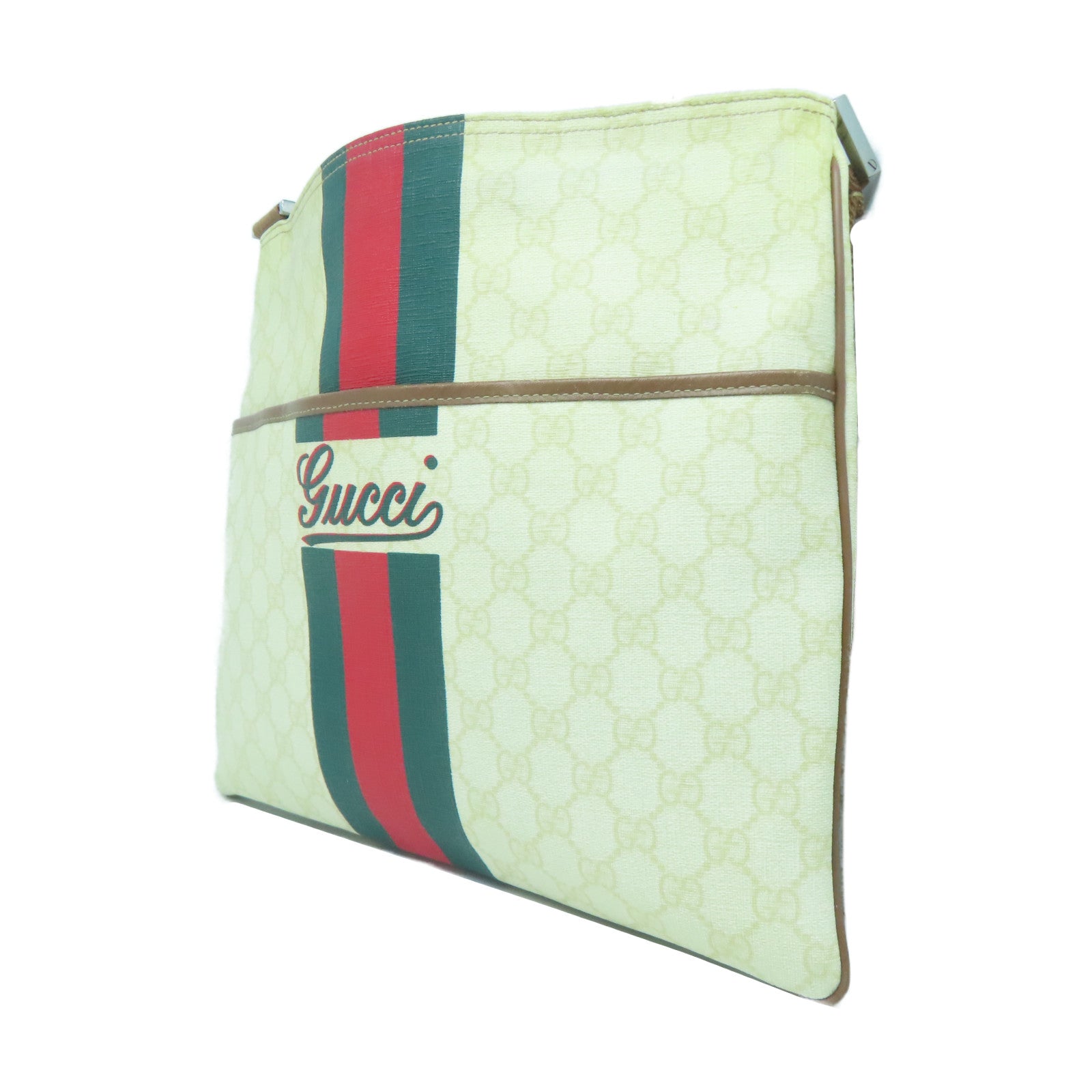 GUCCI 塗層帆布Shoulder Bag銀扣肩背袋奶油色/綠色/紅色