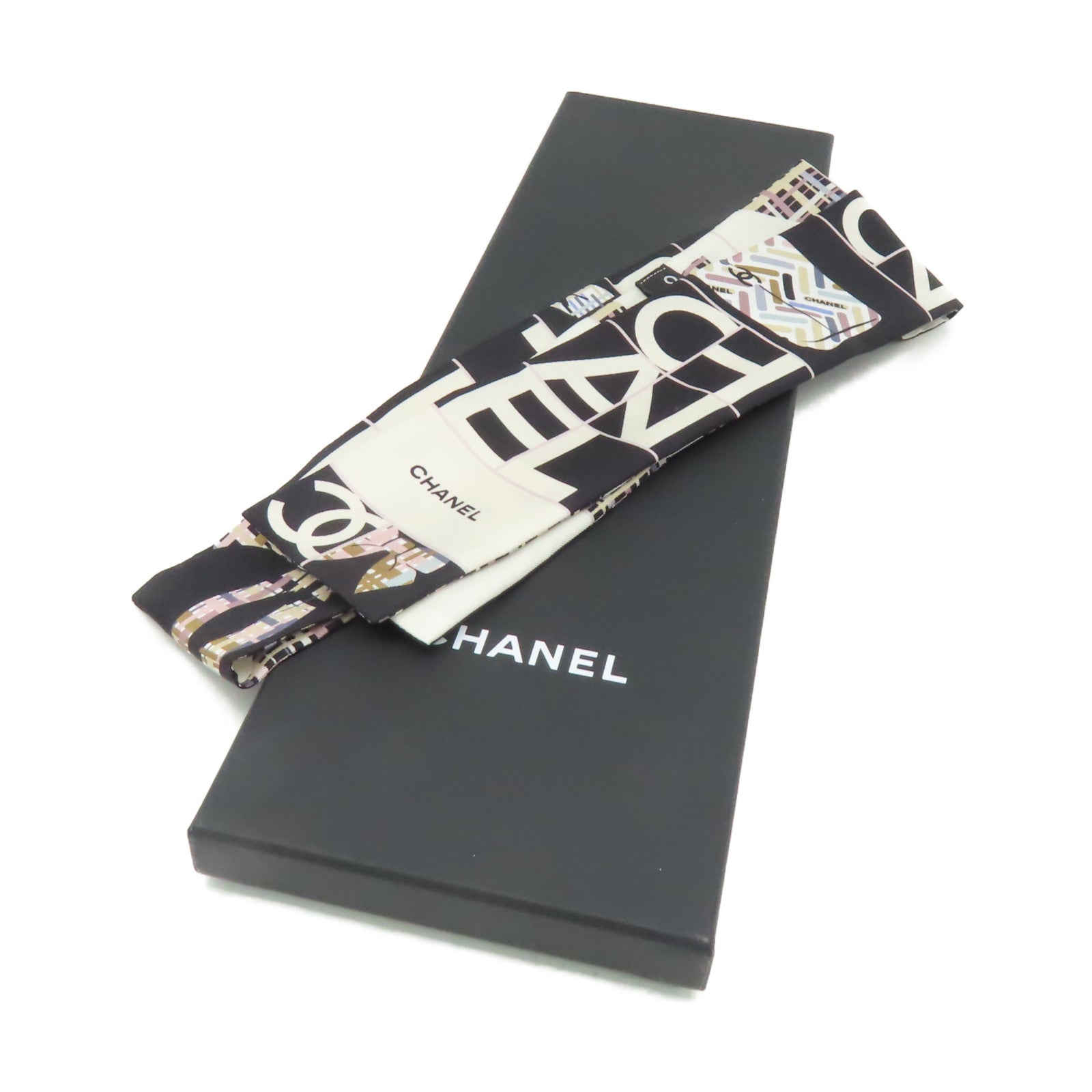CHANEL 絲質Slim Bandeau Scarf絲巾黑色/白色/彩色