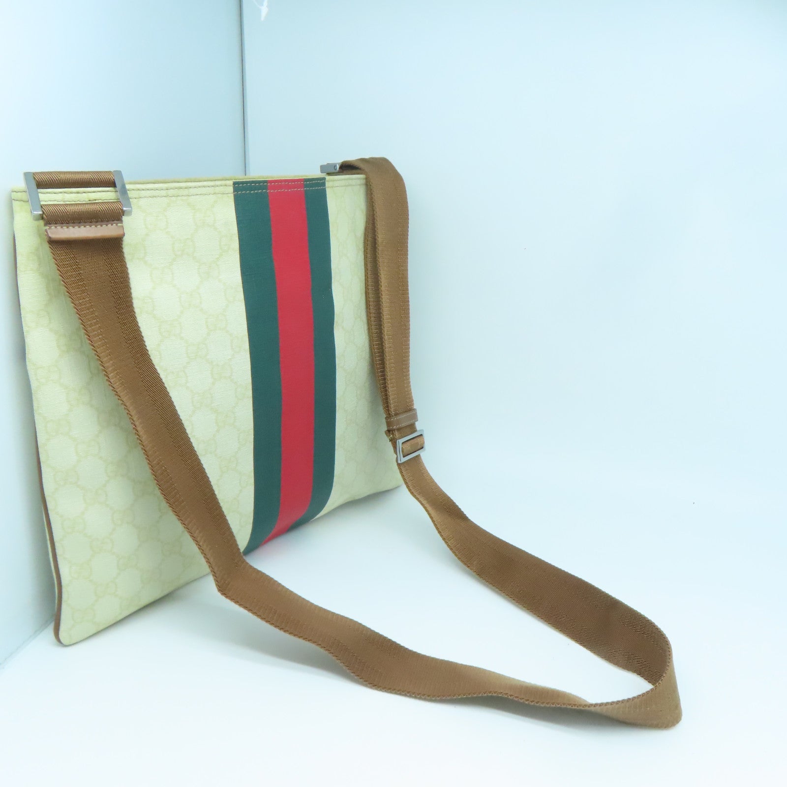 GUCCI 塗層帆布Shoulder Bag銀扣肩背袋奶油色/綠色/紅色