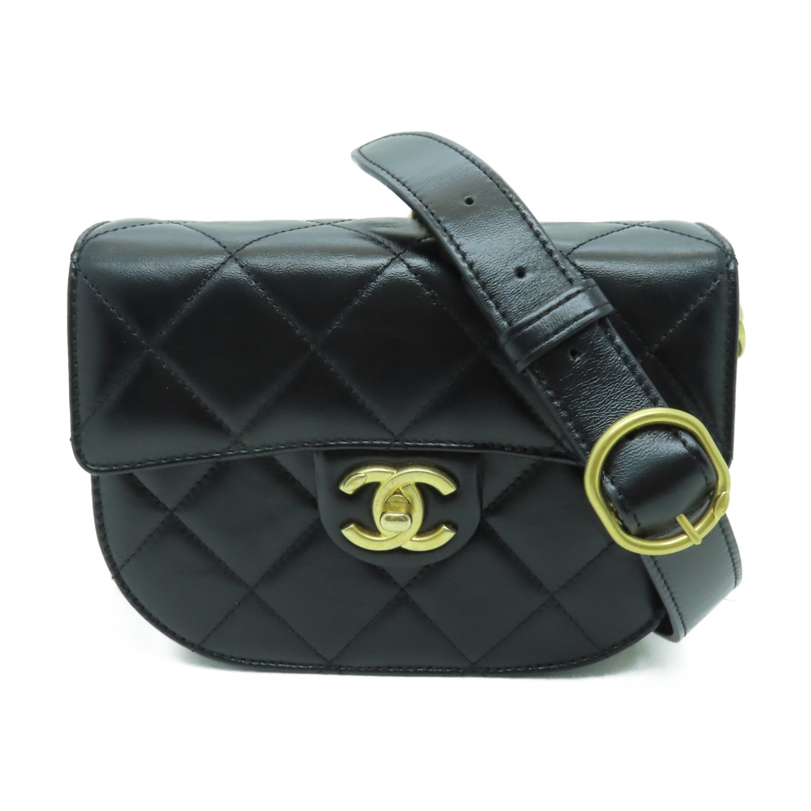CHANEL 菱格牛皮皮革Chain Shoulder Bag金扣鏈帶肩背袋黒色